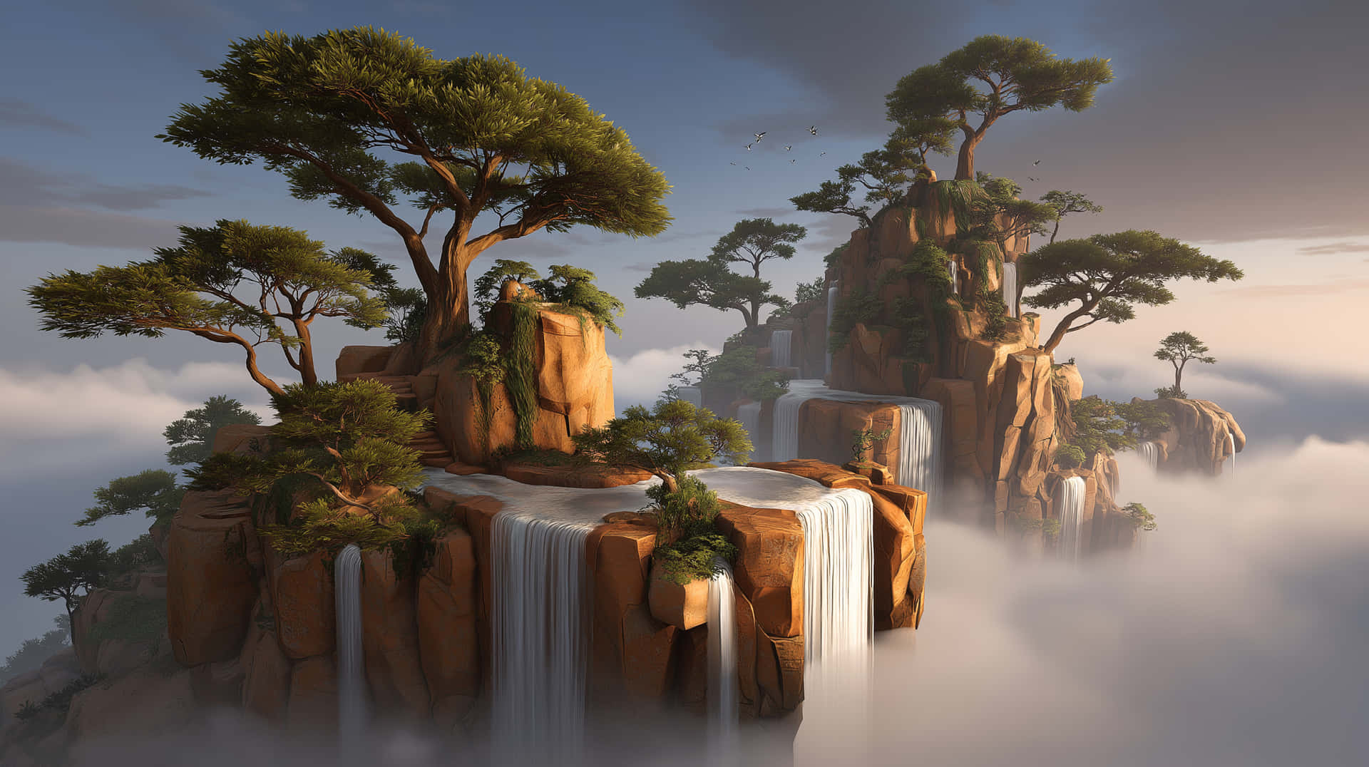 Sky Citadel Fantasy 壁紙 — 雄偉的懸崖聳立在霧氣繚繞的雲層之上，瀑布層層疊疊，古樹緊貼在崎嶇的岩壁上。