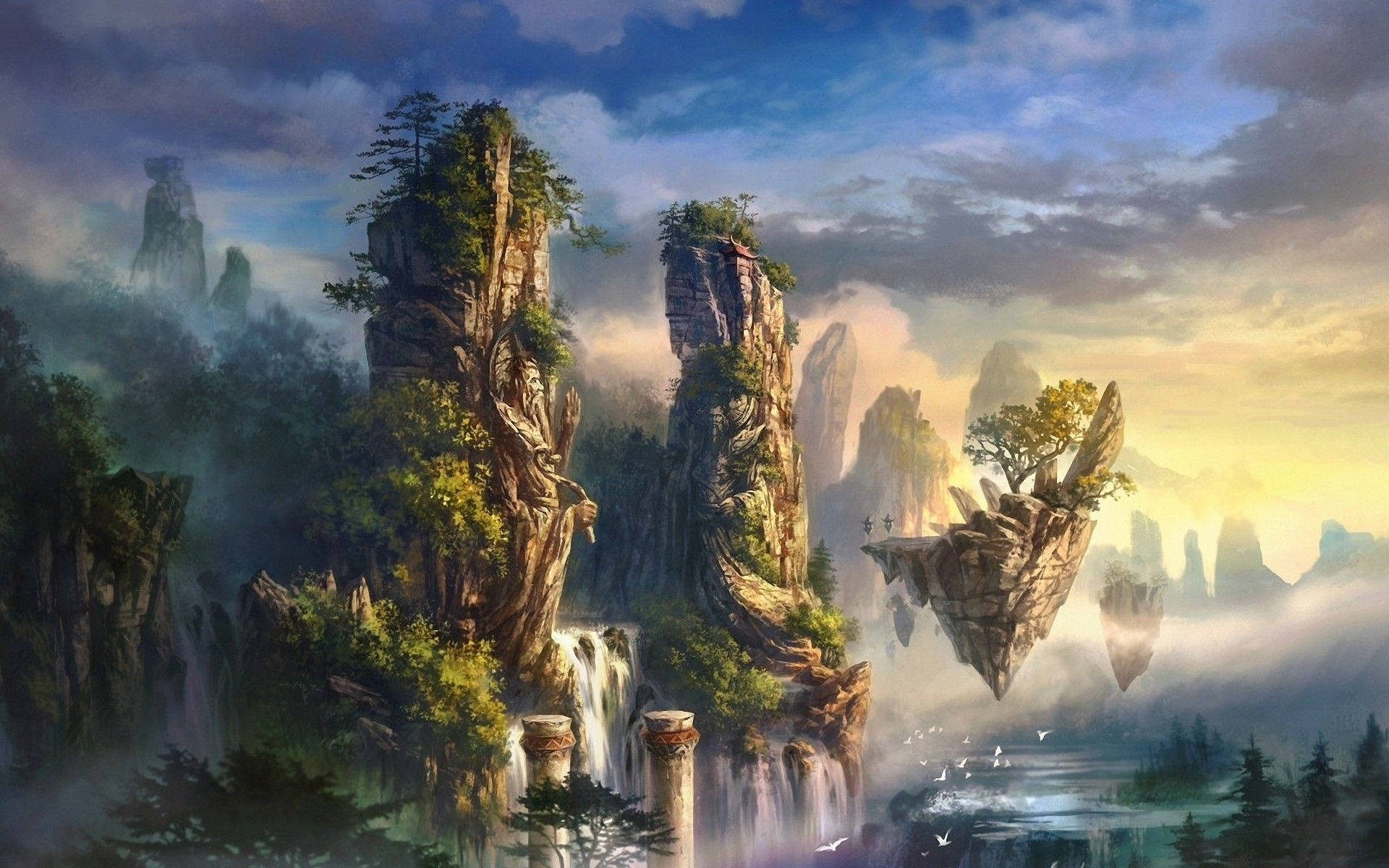 Floating 桌布 壁紙 — 雄偉的浮石從霧氣瀰漫的水面升起，在戲劇性的天空下，有層疊的瀑布和古老的樹木。