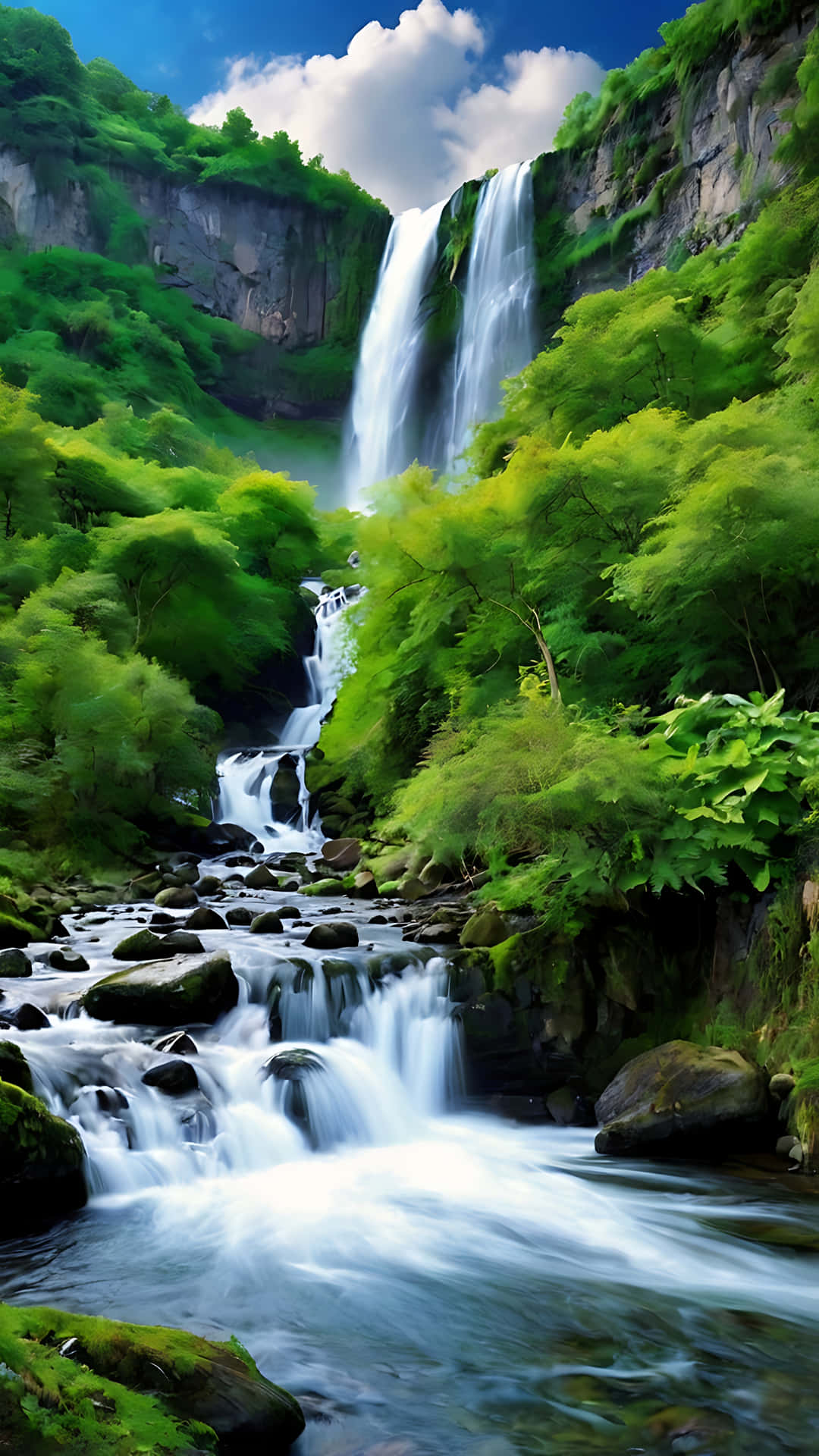 Nature's Canvas – A Waterfall Wonderland. smartphone wallpaper 壁紙 — 雄偉的瀑布在明亮的藍天和蓬鬆的白雲下，穿過茂密的綠色森林傾瀉而下。