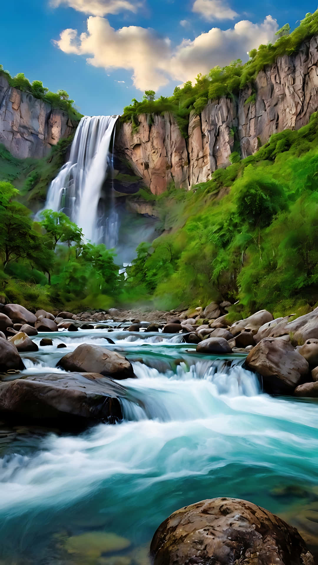 Dreamy Waterfall Adventure in Mountain Serenity. smartphone wallpaper 壁紙 — 雄偉的瀑布從崎嶇的懸崖傾瀉而下，流入碧綠的河流，河流流過長滿苔蘚的岩石，上方是明亮的藍天和蓬鬆的白雲。