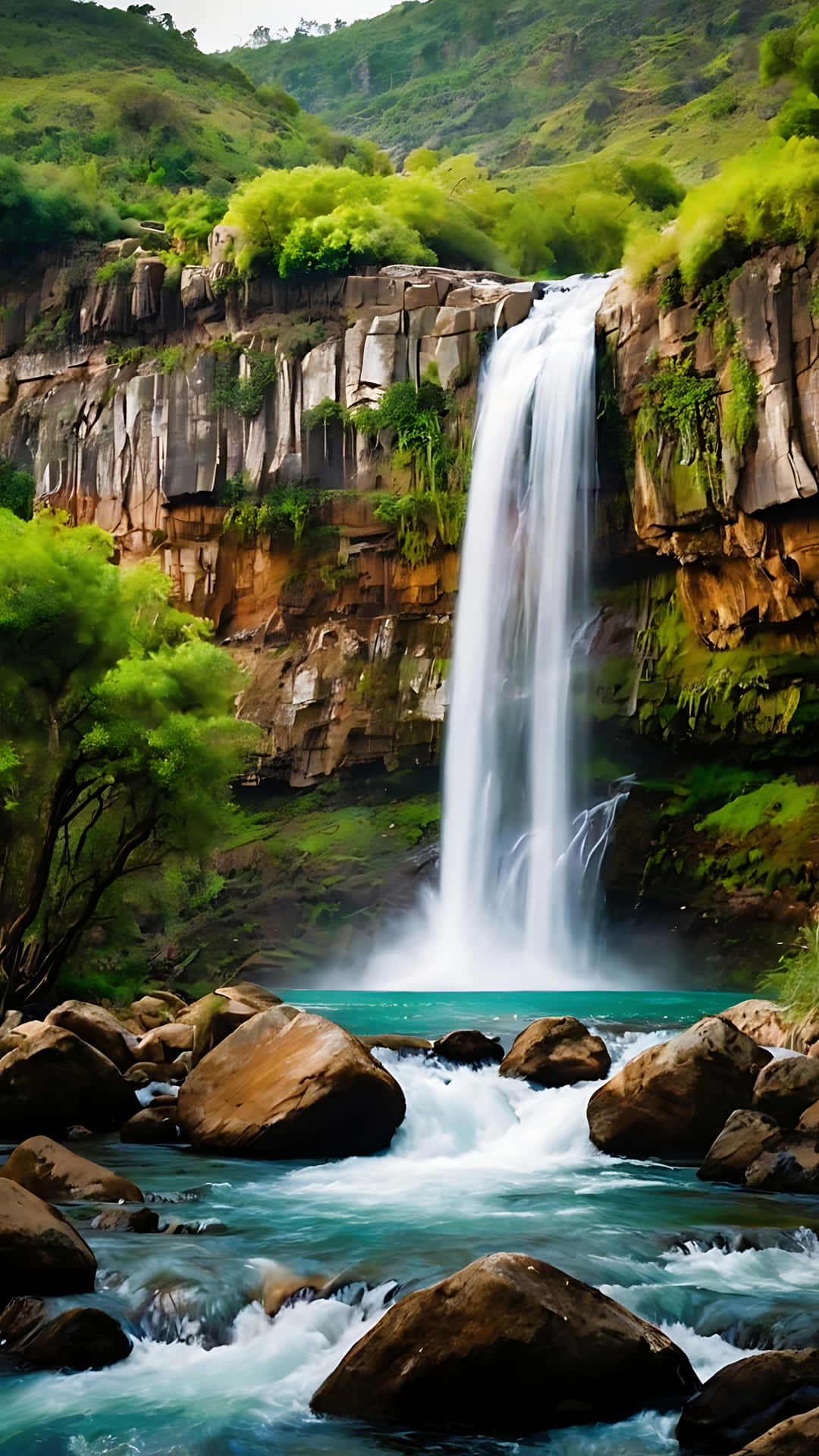 Majestic Waterfall Overlooking a Vibrant Landscape. smartphone wallpaper 壁紙 — 雄偉的瀑布從長滿苔蘚的懸崖傾瀉而下，流入被茂密綠植和巨石環繞的碧綠水池。
