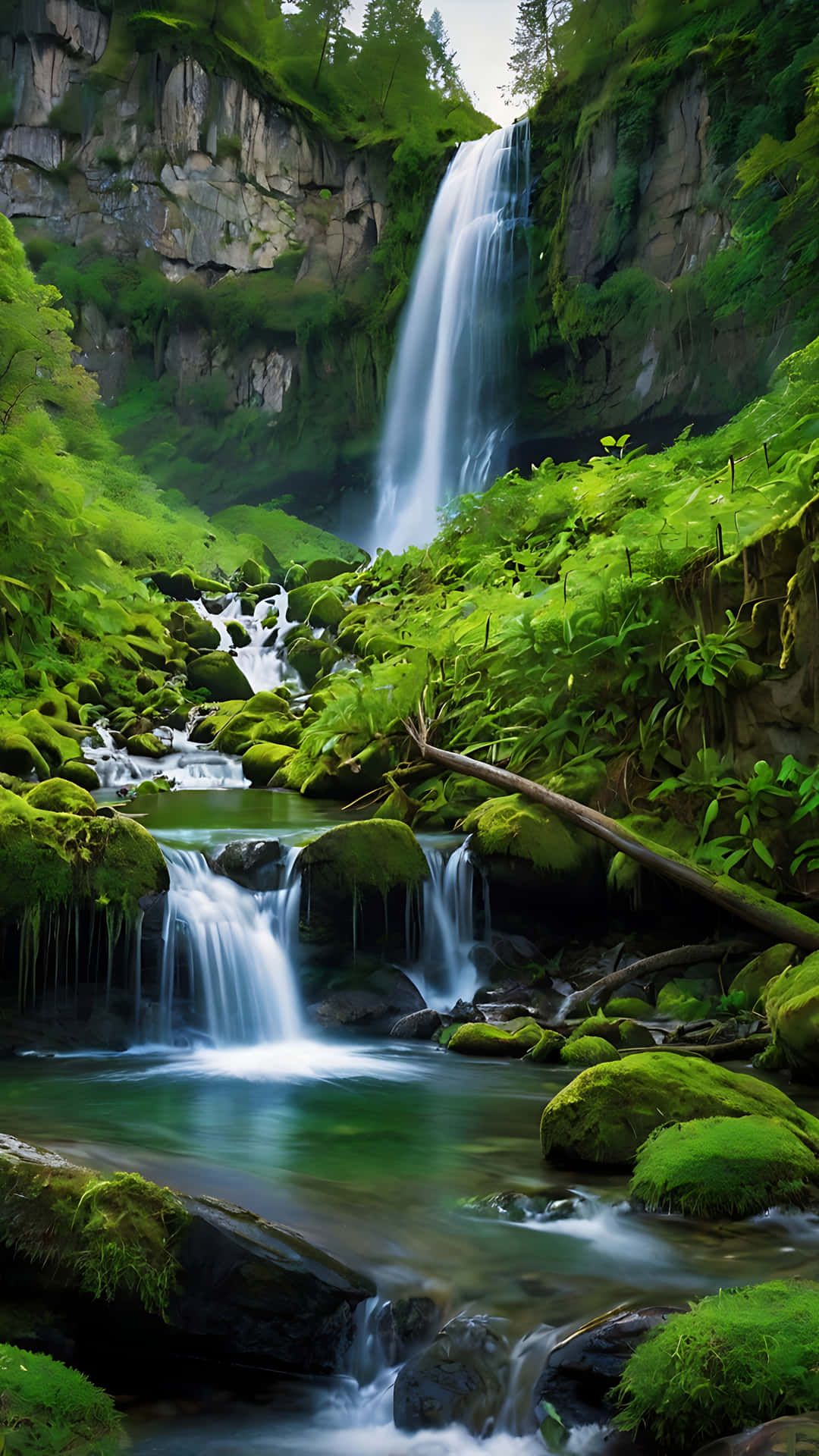 Nature's Canvas – A Waterfall Wonderland. smartphone wallpaper 壁紙 — 雄偉的瀑布從長滿苔蘚的懸崖傾瀉而下，流入被茂密綠色森林環繞的寧靜翡翠池。