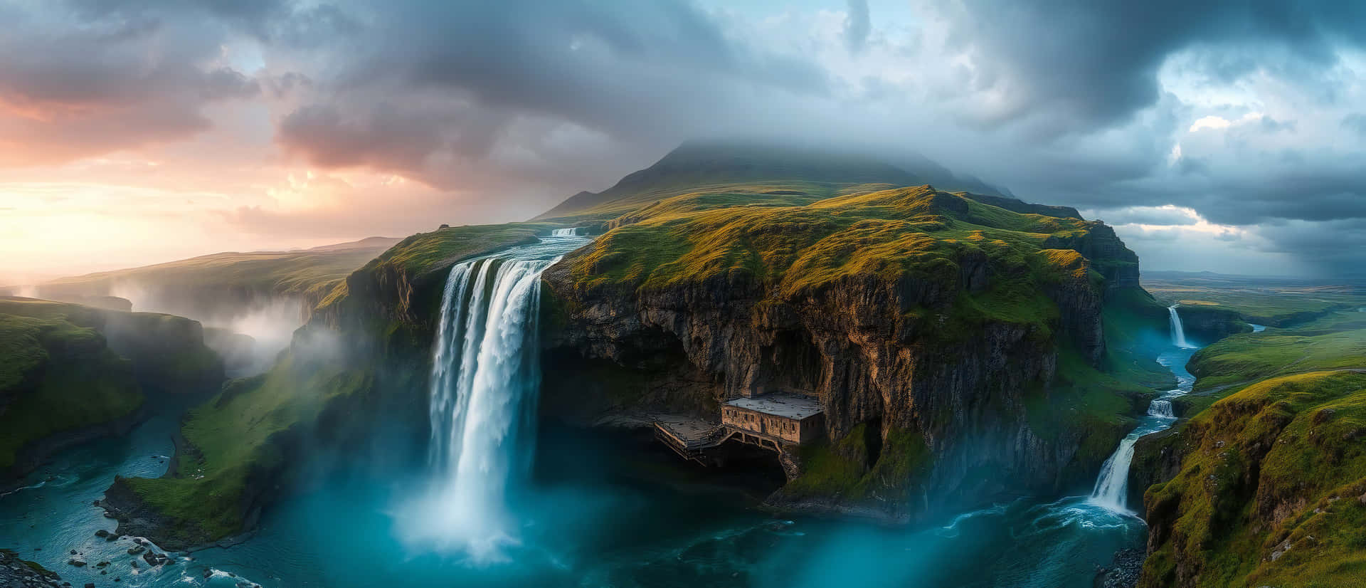 waterfall 壁紙 — 雄偉的瀑布從長滿苔蘚的懸崖傾瀉而下，流入碧綠色的水池，天空烏雲密布，氣勢磅礴。