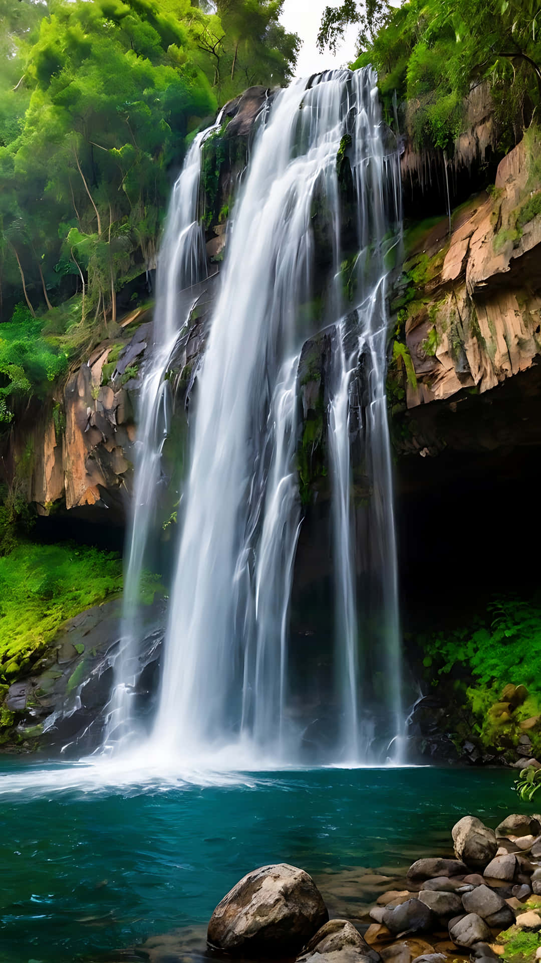 Towering Waterfall Elegance in a Remote Paradise. smartphone wallpaper 壁紙 — 雄偉的瀑布從長滿苔蘚的懸崖傾瀉而下，流入一個充滿活力的藍綠色水池，四周環繞著茂密的綠色森林。