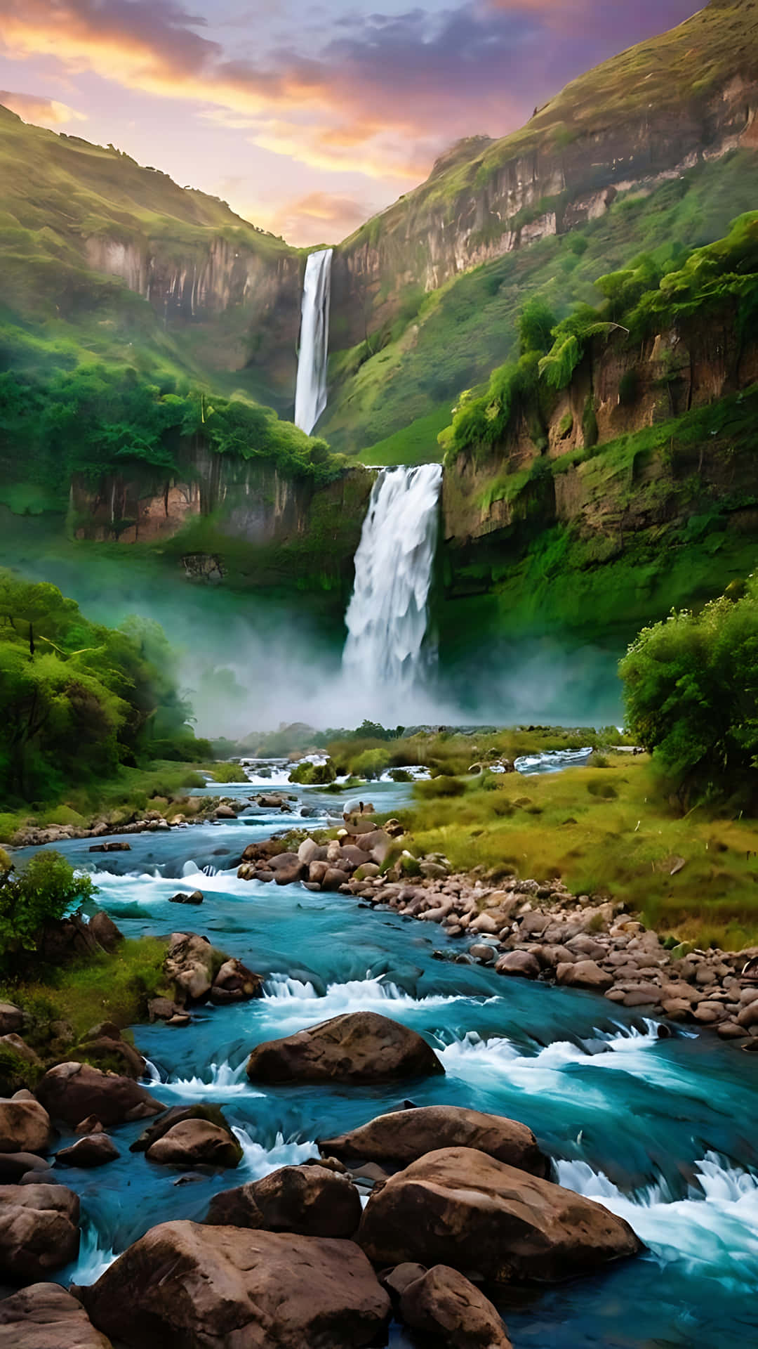 Majestic Waterfall Overlooking a Vibrant Landscape. smartphone wallpaper 壁紙 — 雄偉的瀑布從鬱鬱蔥蔥的綠色懸崖傾瀉而下，流入在日落時分蜿蜒穿過岩石地形的碧綠河流。