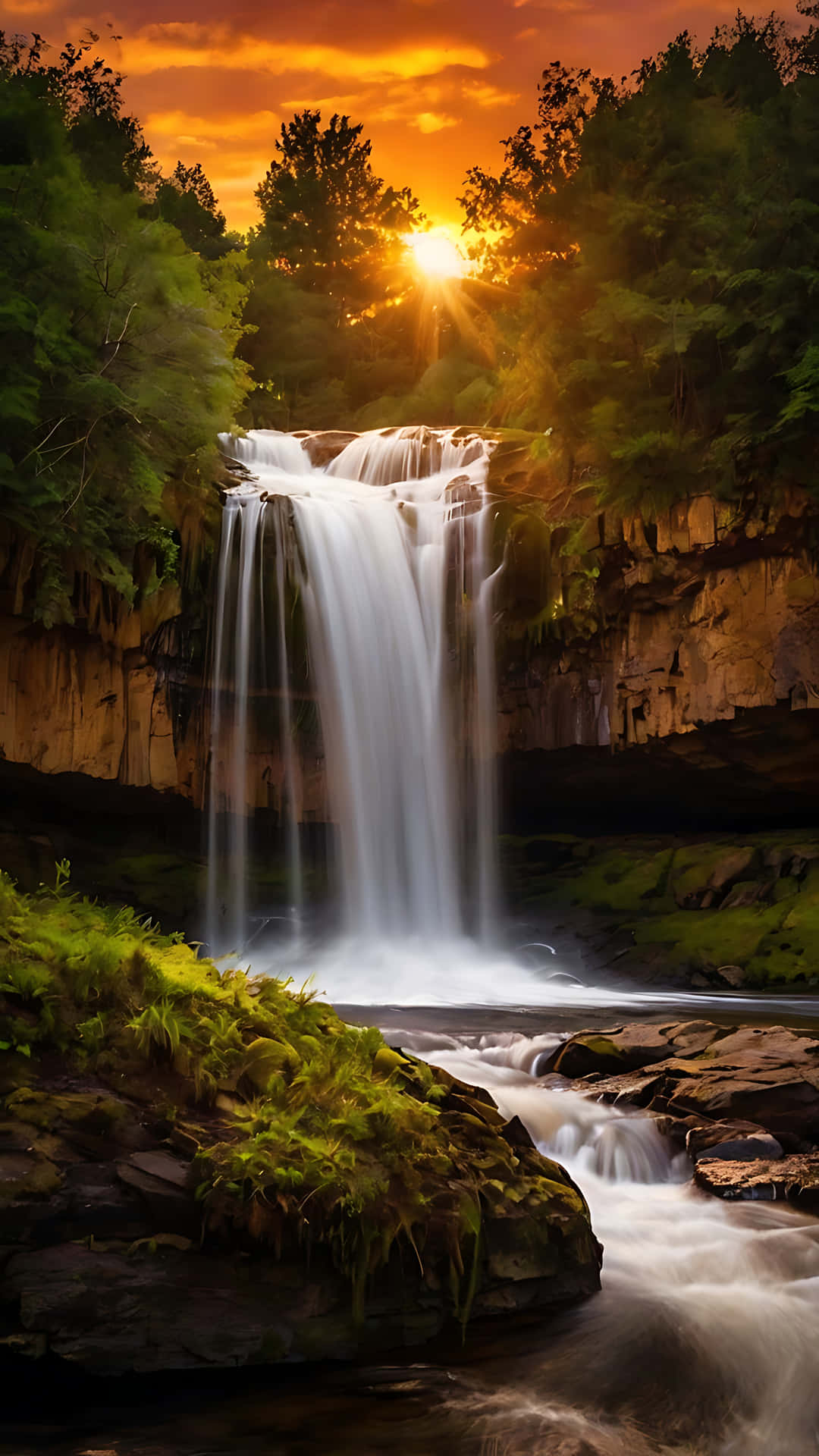 Majestic Waterfall Glow Under Sunset Skies. smartphone wallpaper 壁紙 — 雄偉的瀑布穿過茂密的綠植傾瀉而下，夕陽如火般橙紅，穿過樹林灑下金色光芒。
