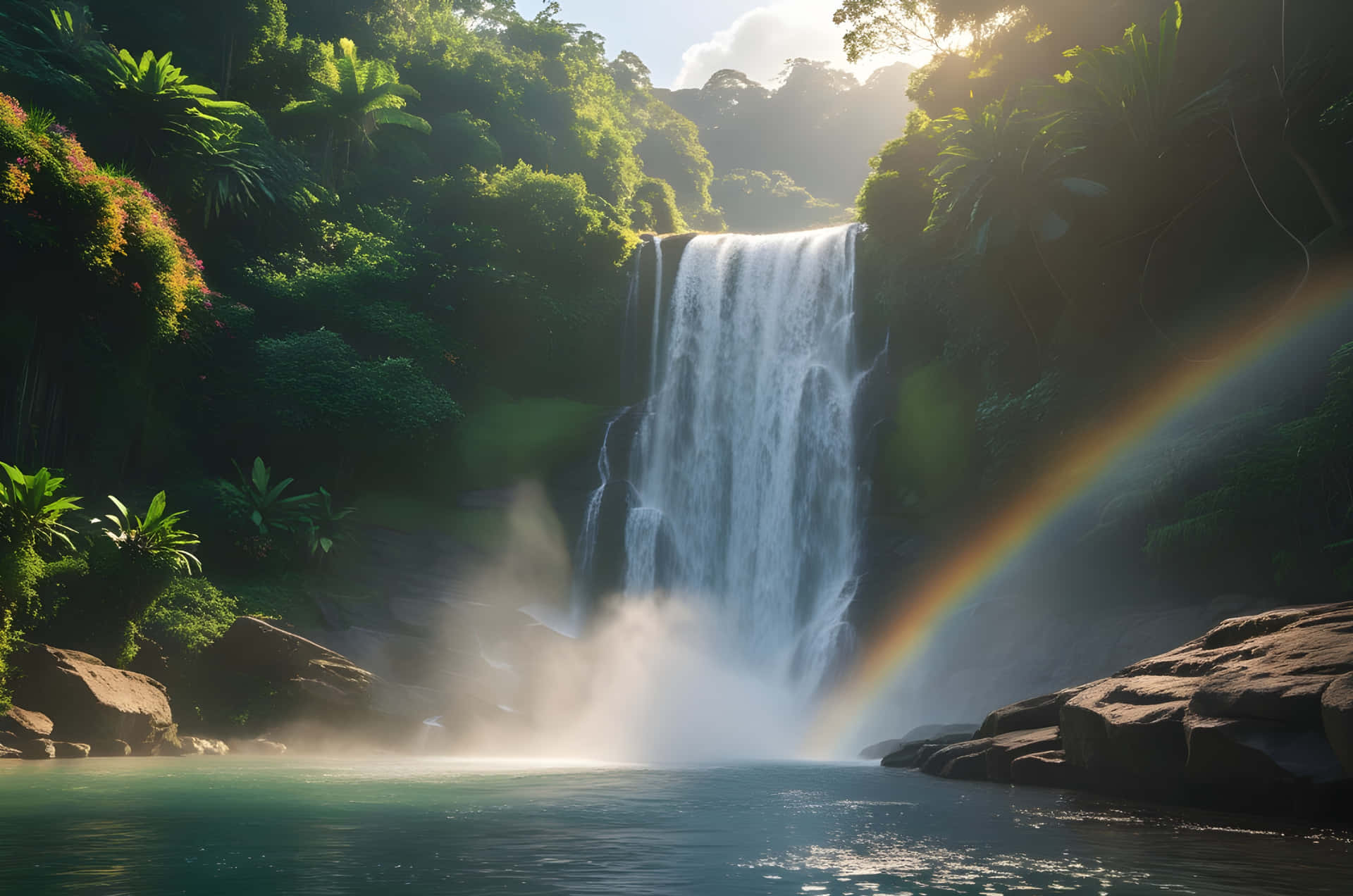 Waterfall in the mountain 壁紙 — 雄偉的瀑布穿過茂密的綠色叢林，一道鮮豔的彩虹橫跨在霧氣瀰漫的碧綠水面上。