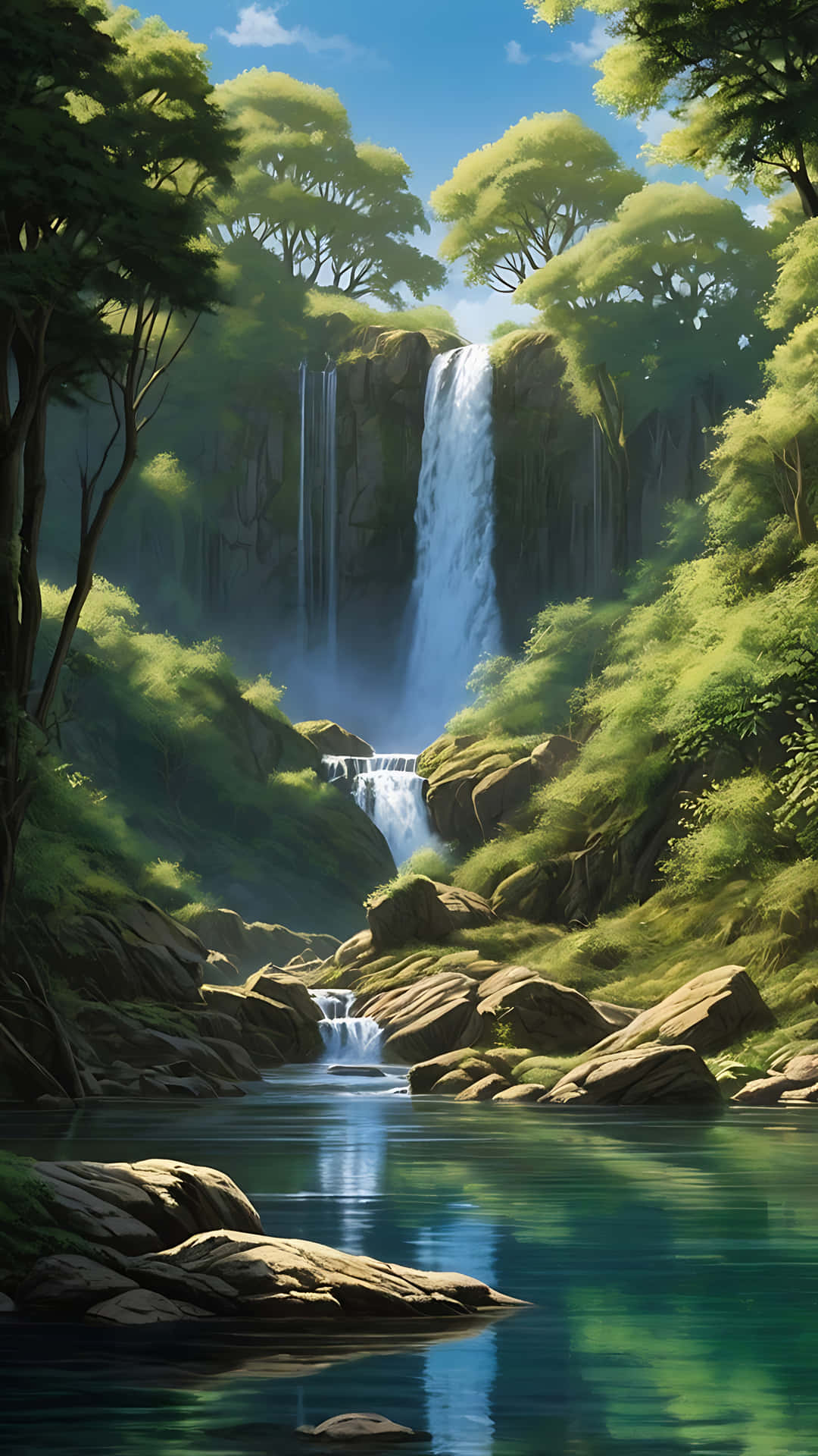 Tranquil Waterfall Reflection Under Blue Skies. smartphone wallpaper 壁紙 — 雄偉的瀑布穿過茂密的綠色叢林，流入平靜的藍綠色水池，上方是明亮的藍天。