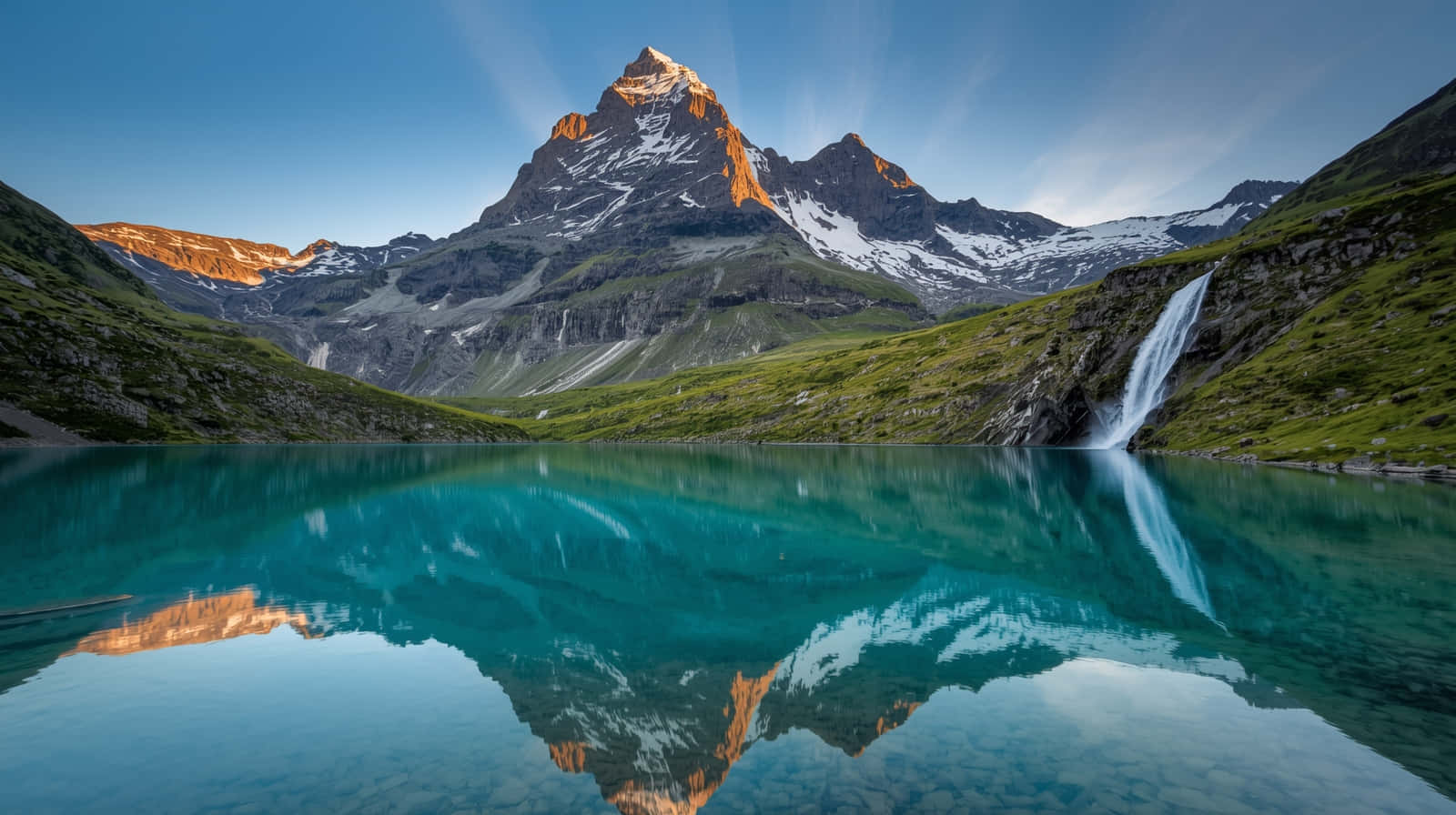 Golden Peak Mountain Lake and Waterfall Landscape Wallpaper 壁紙 — 雄偉的雪山山峰完美地倒映在碧綠的湖水中，右側有瀑布傾瀉而下。