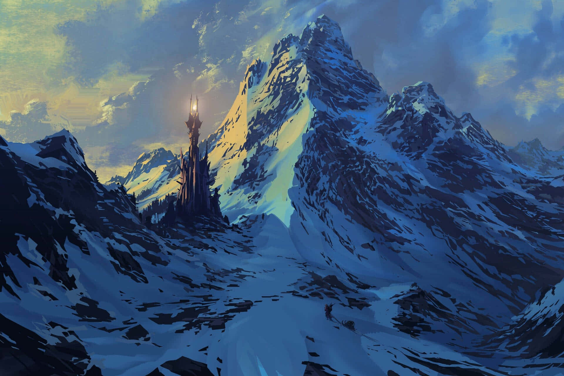 Snowy Mountain 桌布 壁紙 — 雄偉的雪山山脈，一座黑暗城堡在日出時閃耀。