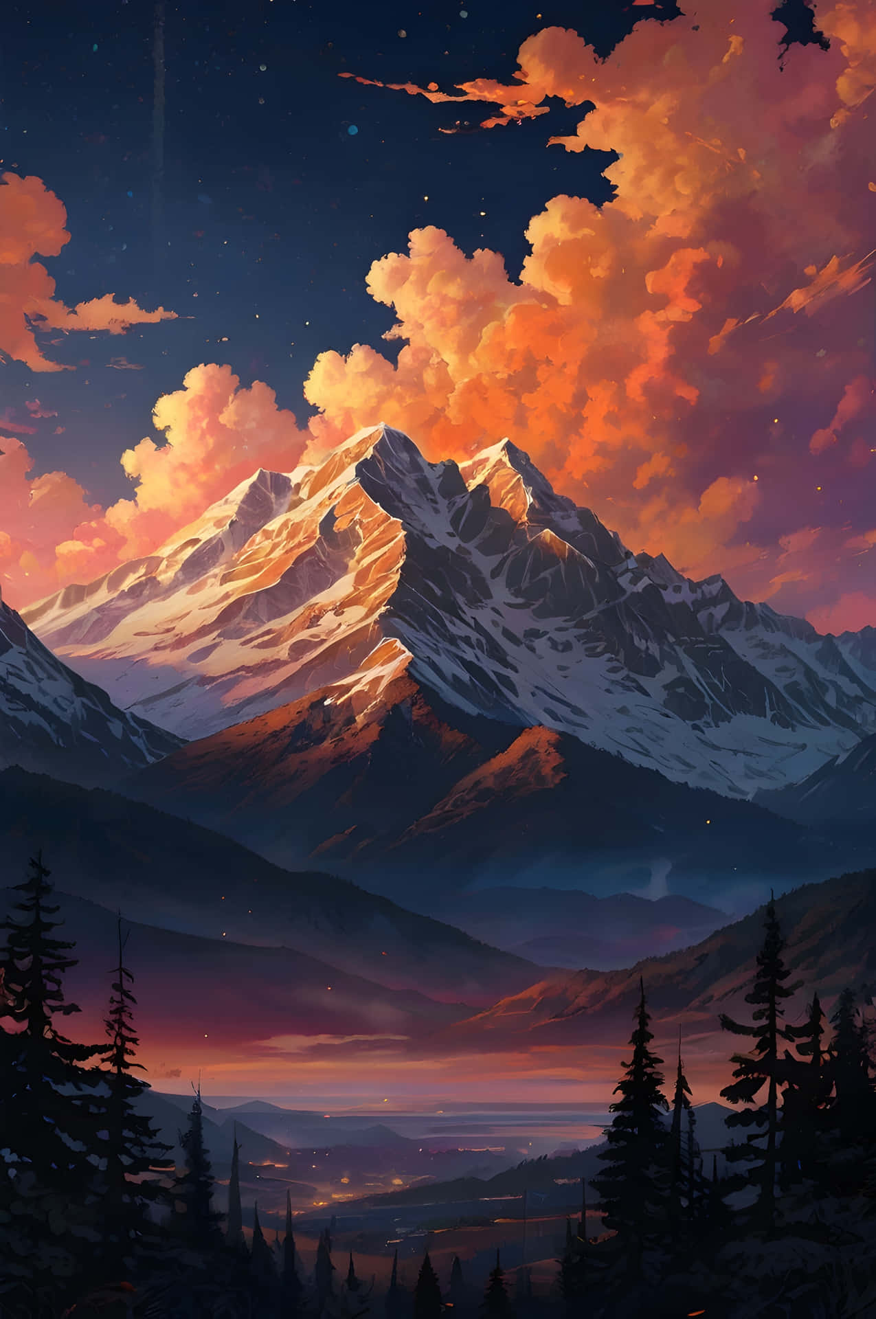 Starry Winter Night Horizon 壁紙 — 雄偉的雪山峰沐浴在金黃色的暮光中，上方有火紅的橙色雲彩，下方有松樹的剪影。