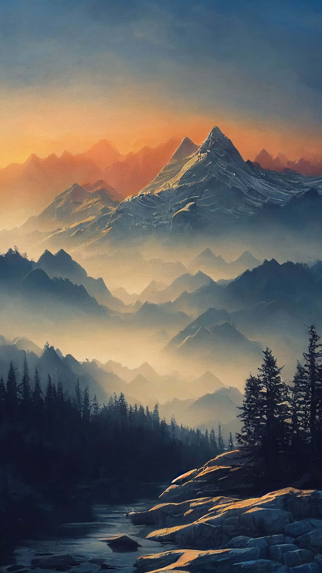 風景動畫 桌布 壁紙 — 雄偉的雪山峰頂在日出時穿過層層薄霧升起，下方有河流蜿蜒穿過松林。