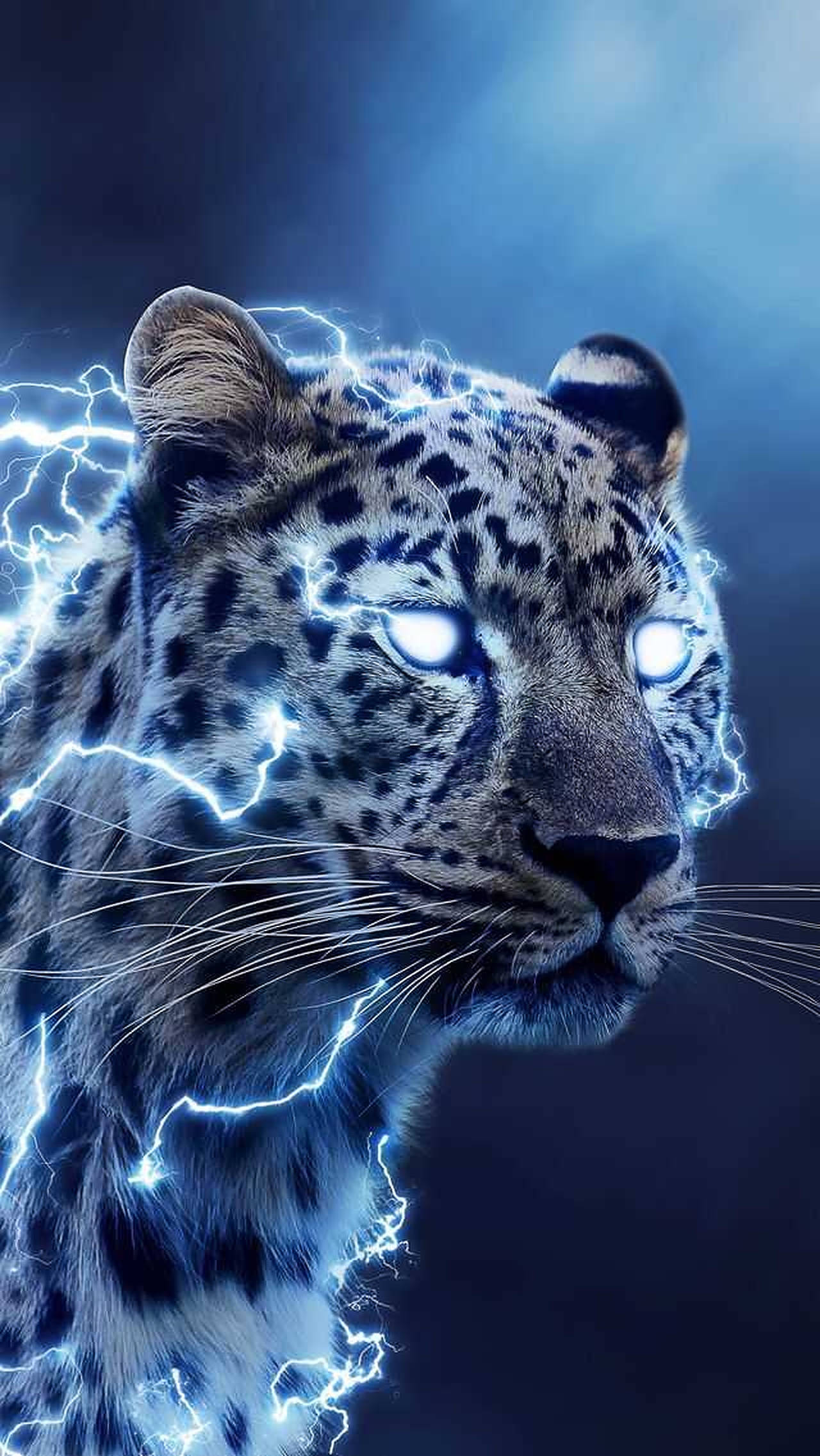 animals 桌布 壁紙 — 雄偉的雪豹頭部在黑暗風暴背景中閃耀著電光藍色閃電。