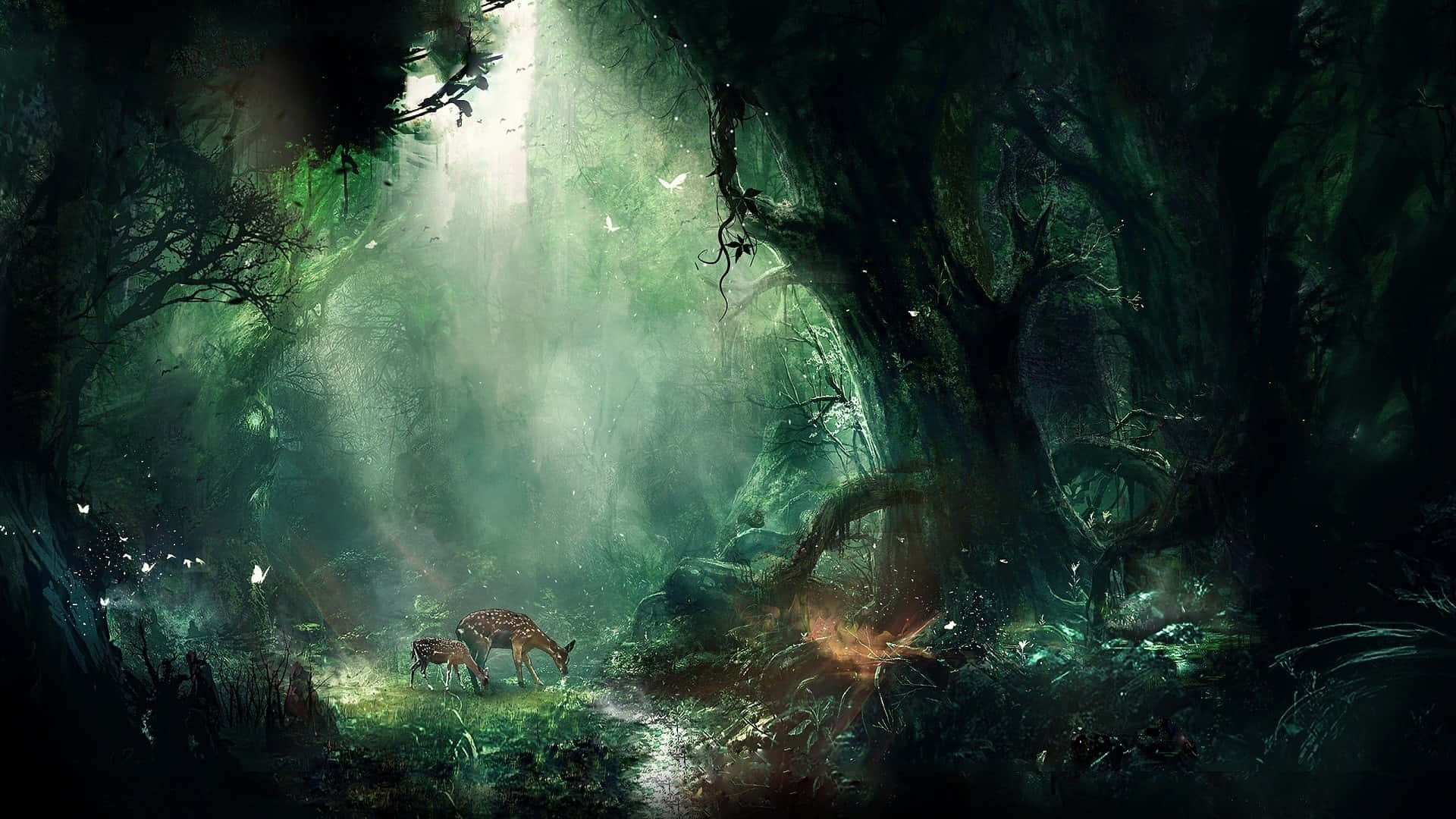 Magical Forest 桌布 壁紙 — 雄偉的鹿在神秘森林中，透過古老、多節的樹木過濾出的空靈綠光下吃草。