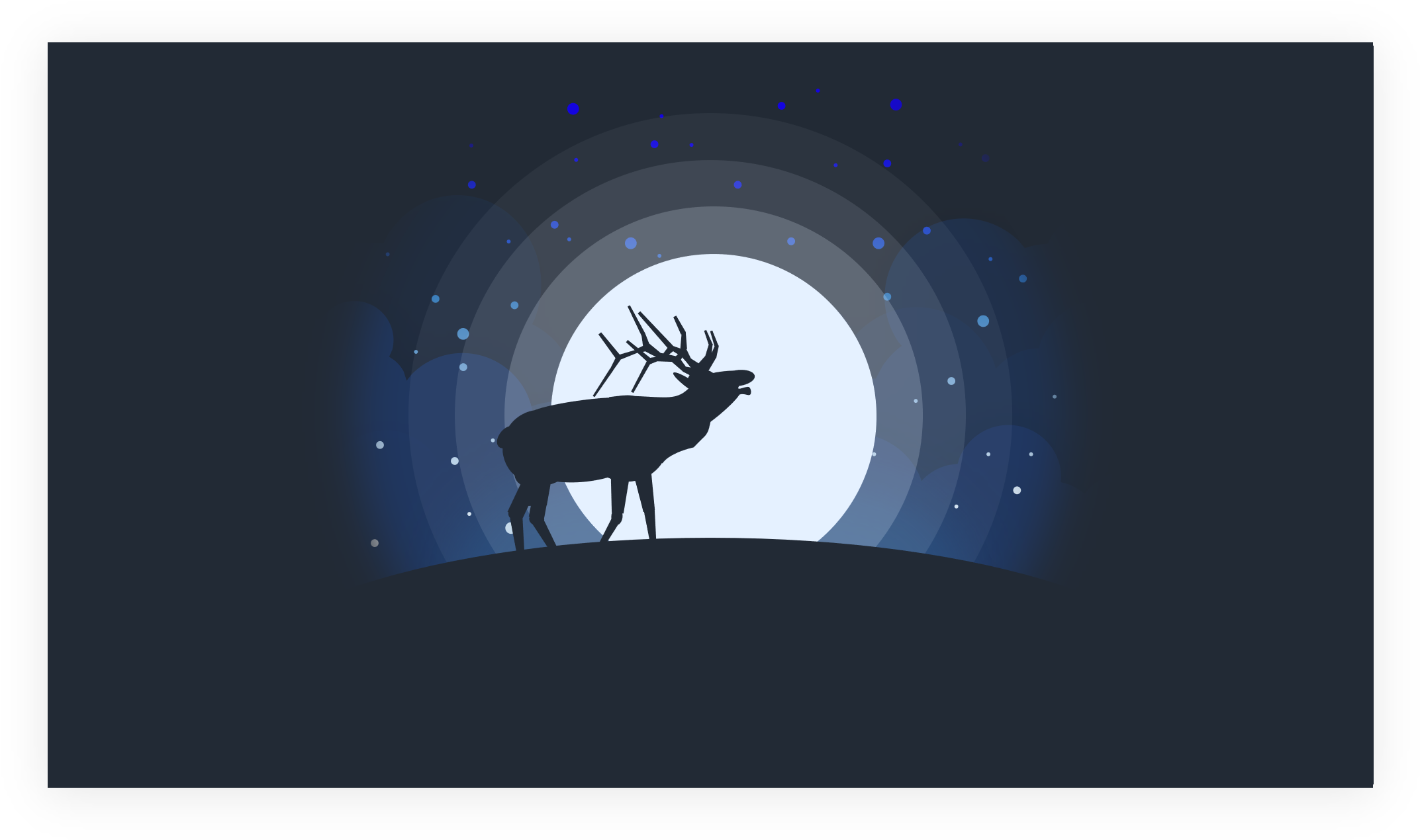 Elk 桌布 壁紙 — 雄偉雄鹿的剪影站在山頂上，背景是發光的滿月和繁星點點的夜空。