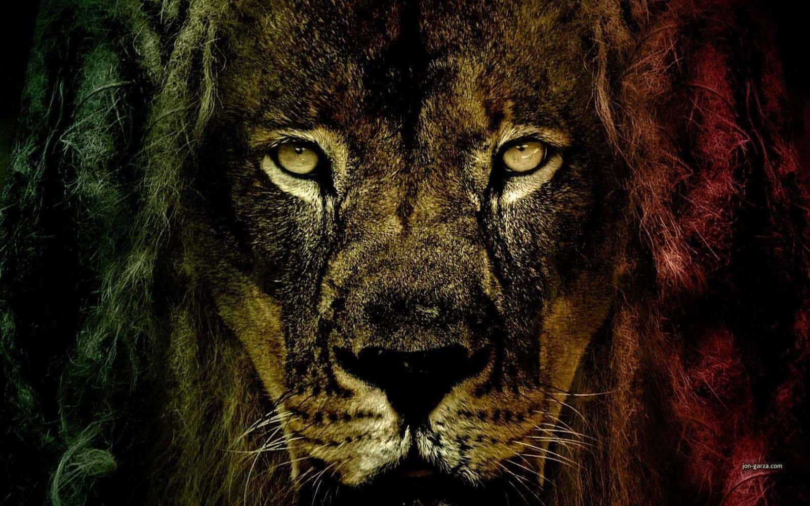 Rasta 桌布 壁紙 — 雄性獅子強烈目光的特寫，戲劇性的綠色和紅色燈光突顯其質感豐富的鬃毛和銳利的眼睛。