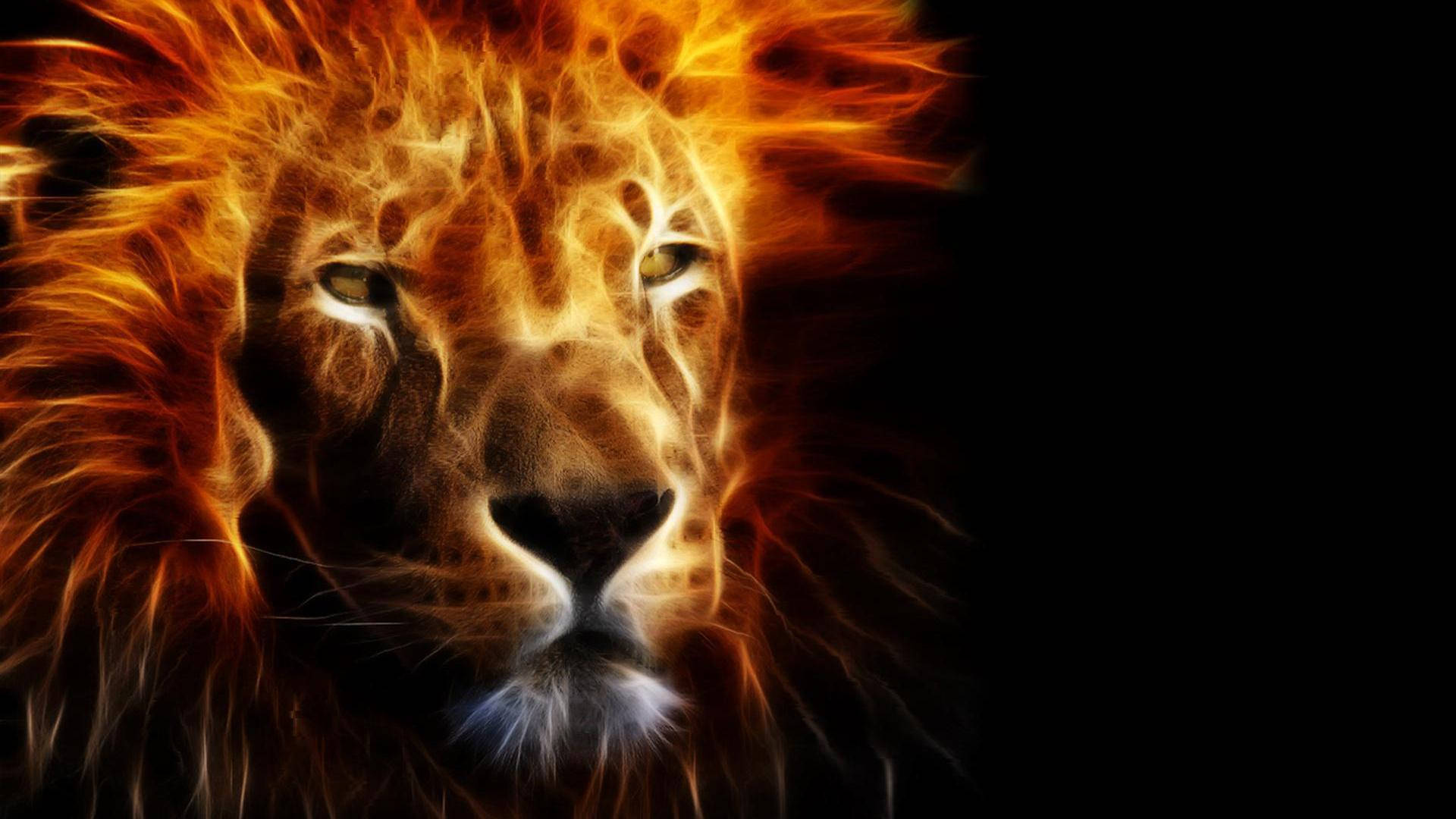 Lion Head 桌布 壁紙 — 雄獅的威嚴面孔散發出熾熱的橙色和黃色火焰，映襯在純黑背景上。