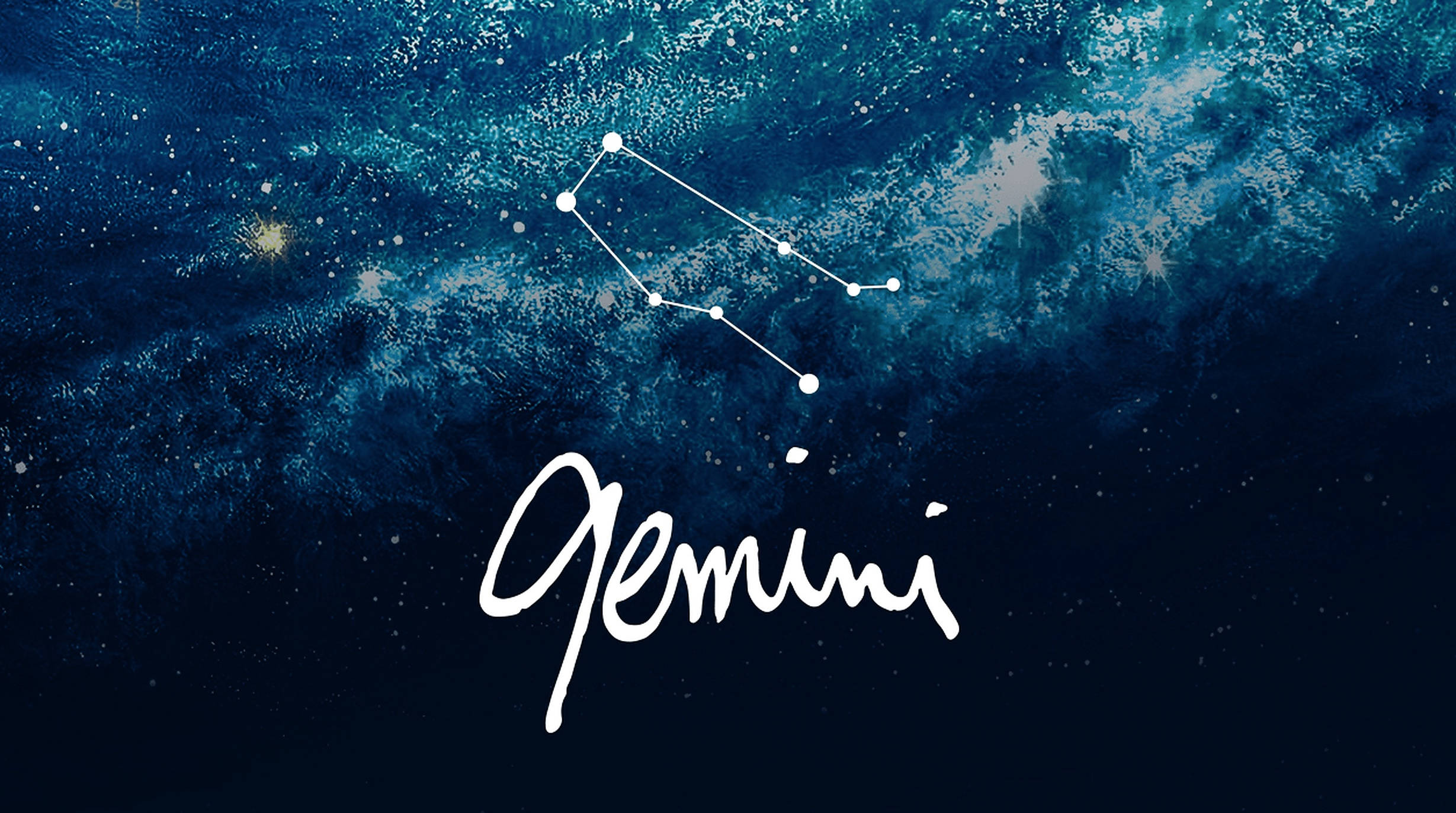 gemini 桌布 壁紙 — 雙子座星座在深藍色宇宙漩渦中閃耀，下方有白色手寫文字。