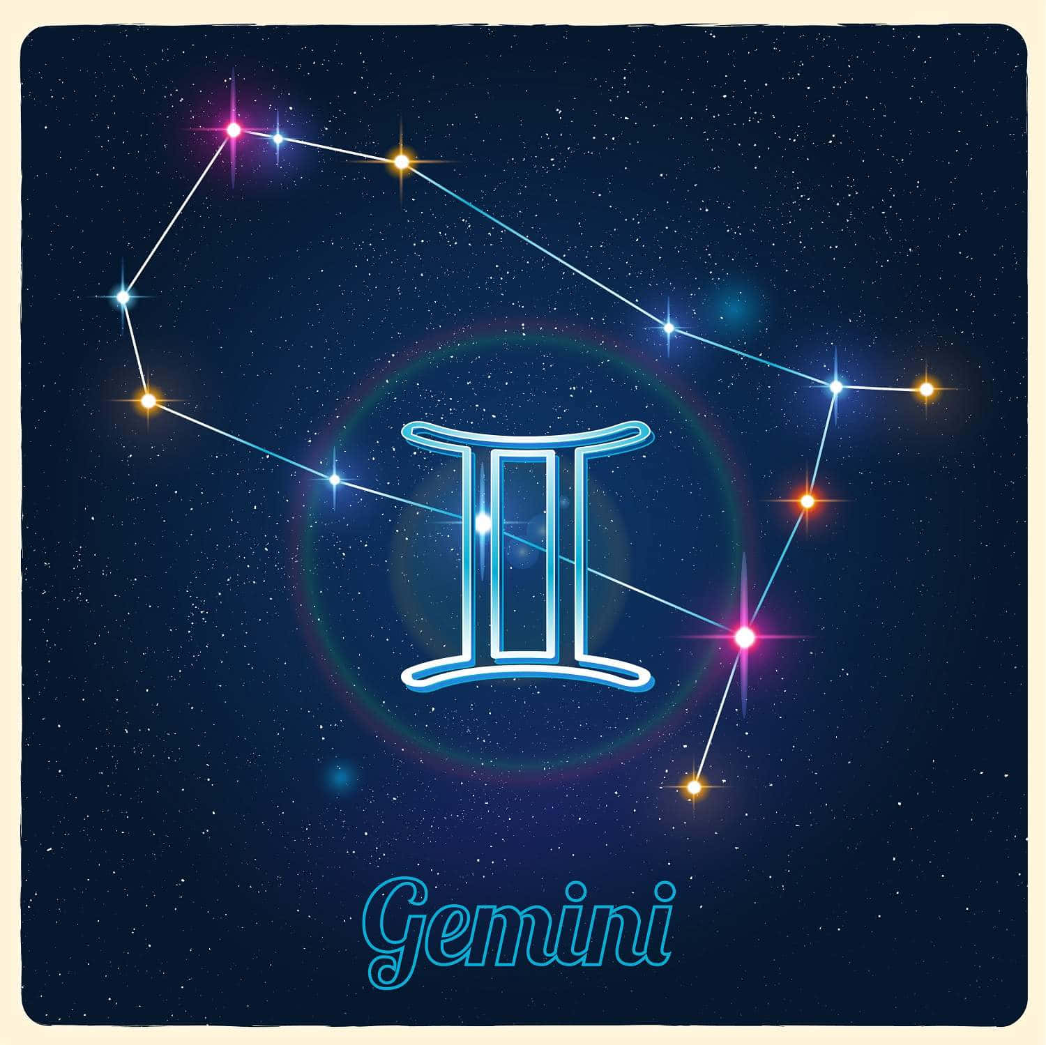 gemini 桌布 壁紙 — 雙子座星座在深邃的星空背景下，由發光的線條連接的鮮豔星星閃耀，其星座符號居中位於下方。