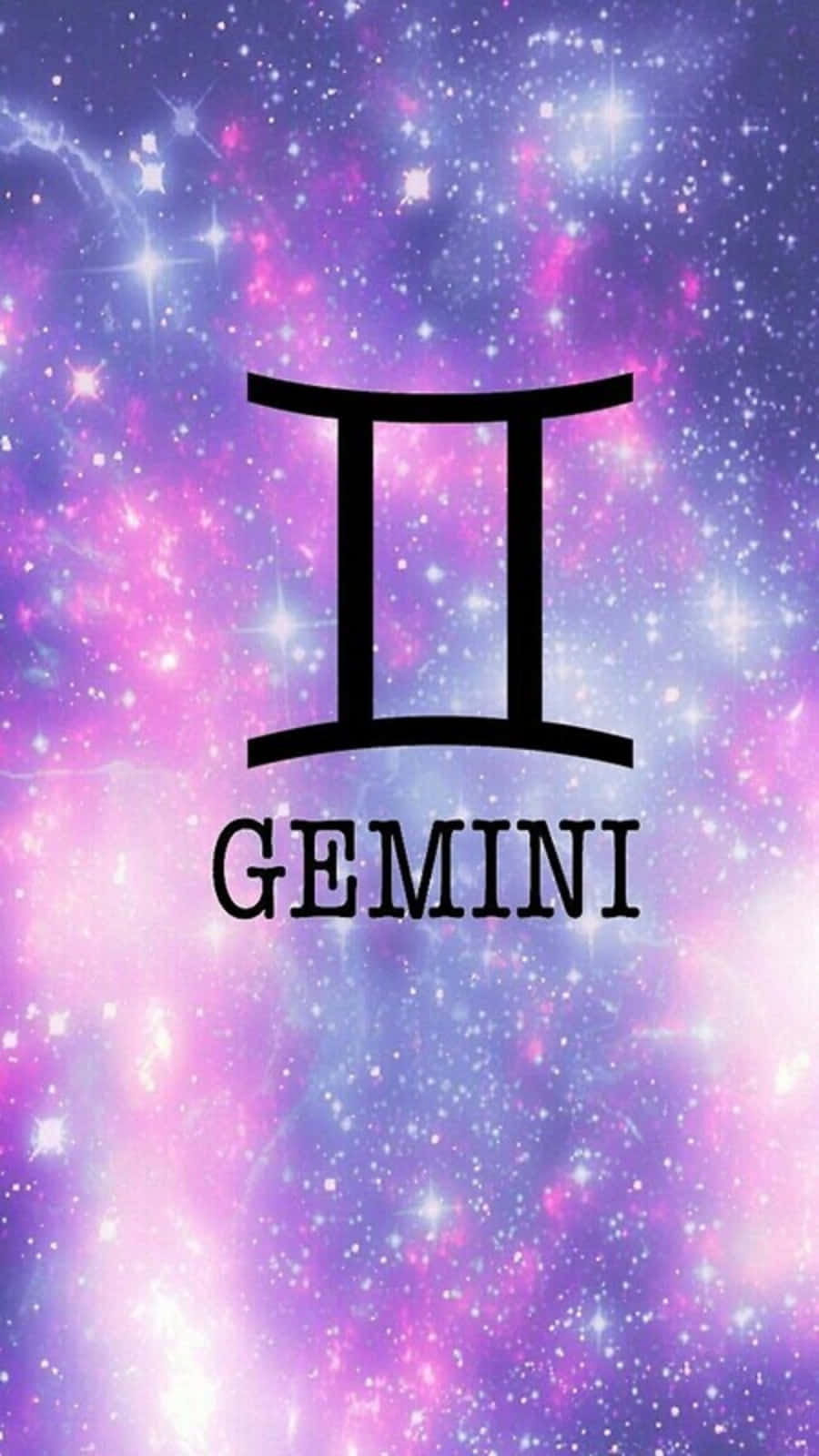gemini 桌布 壁紙 — 雙子座星座標誌在充滿活力的宇宙背景下，由紫色、粉紅色和藍色星星組成，顯得大膽突出。