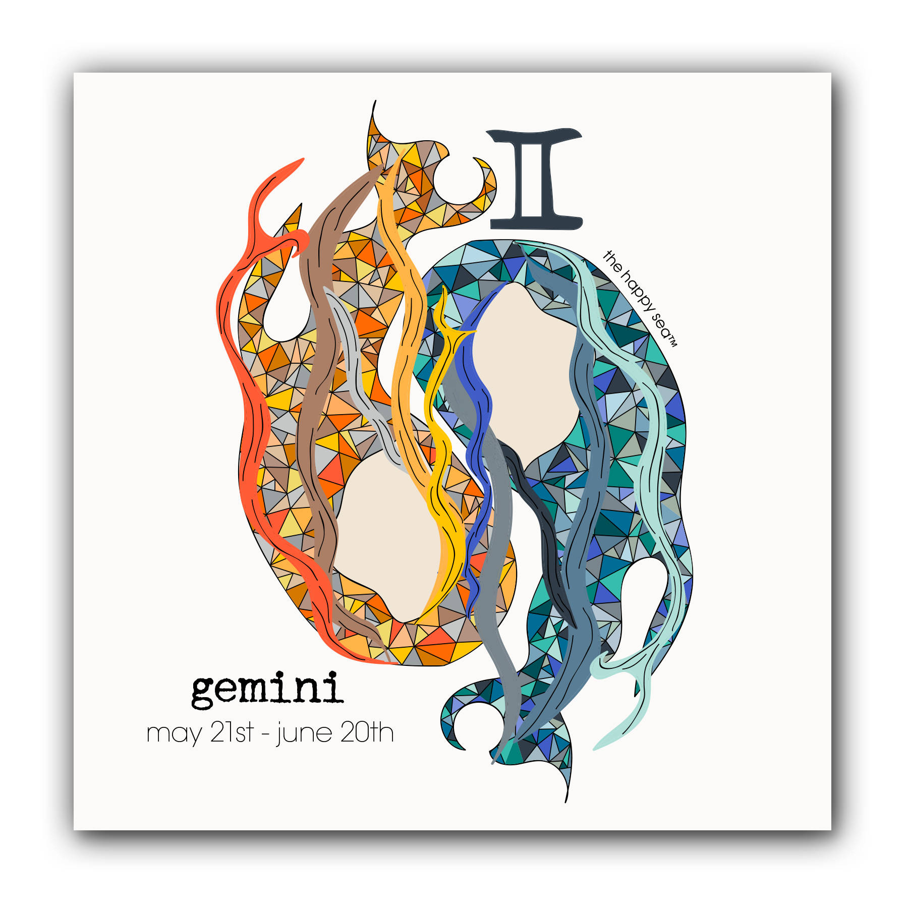 gemini 桌布 壁紙 — 雙子座的鮮明幾何插圖，以冷暖色調呈現兩個風格化的人物。