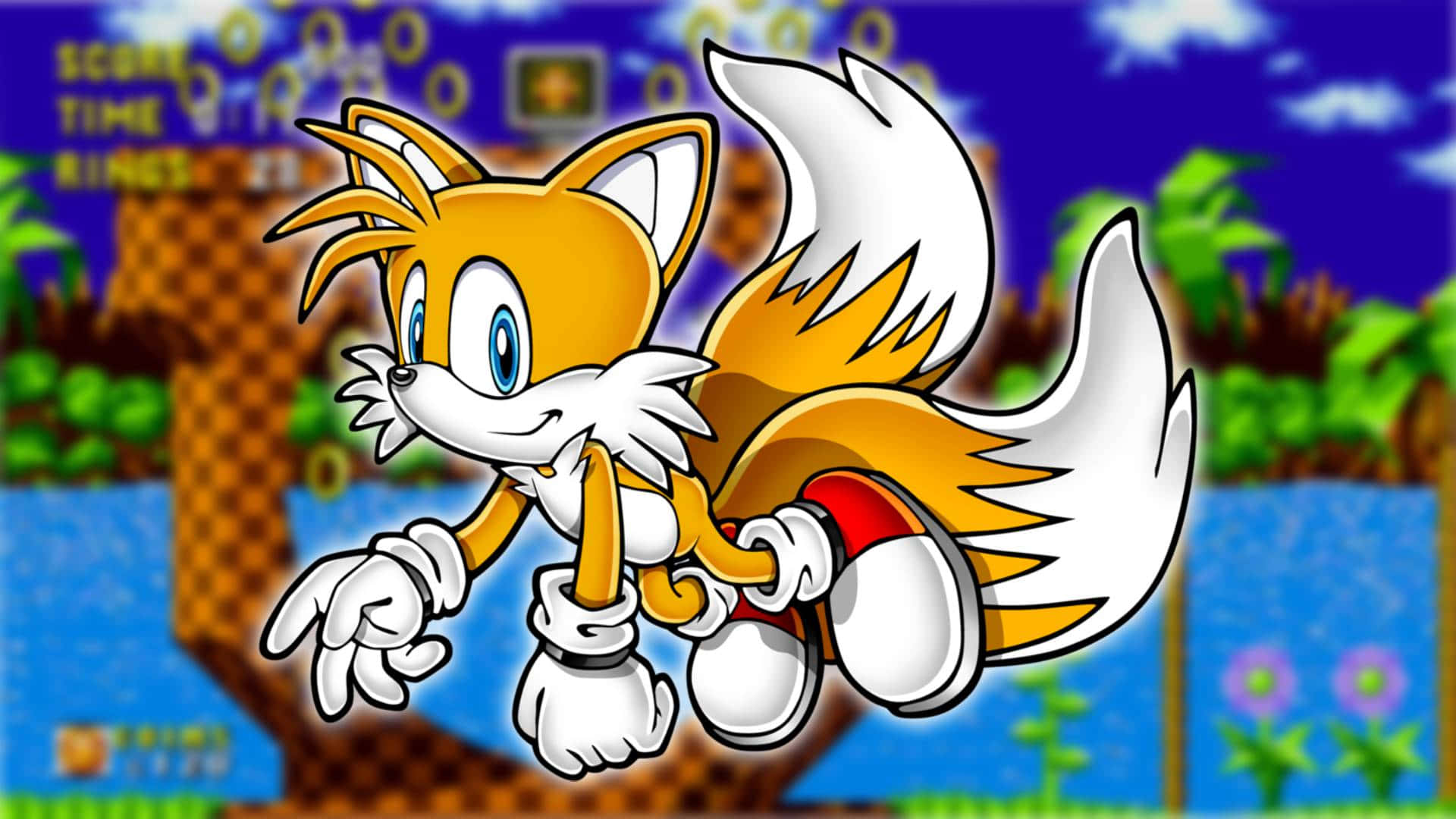 Sonic Characters 桌布 壁紙 — 雙尾狐狸塔爾斯在充滿活力的2D遊戲關卡中疾馳，背景有金環和分數指示器。