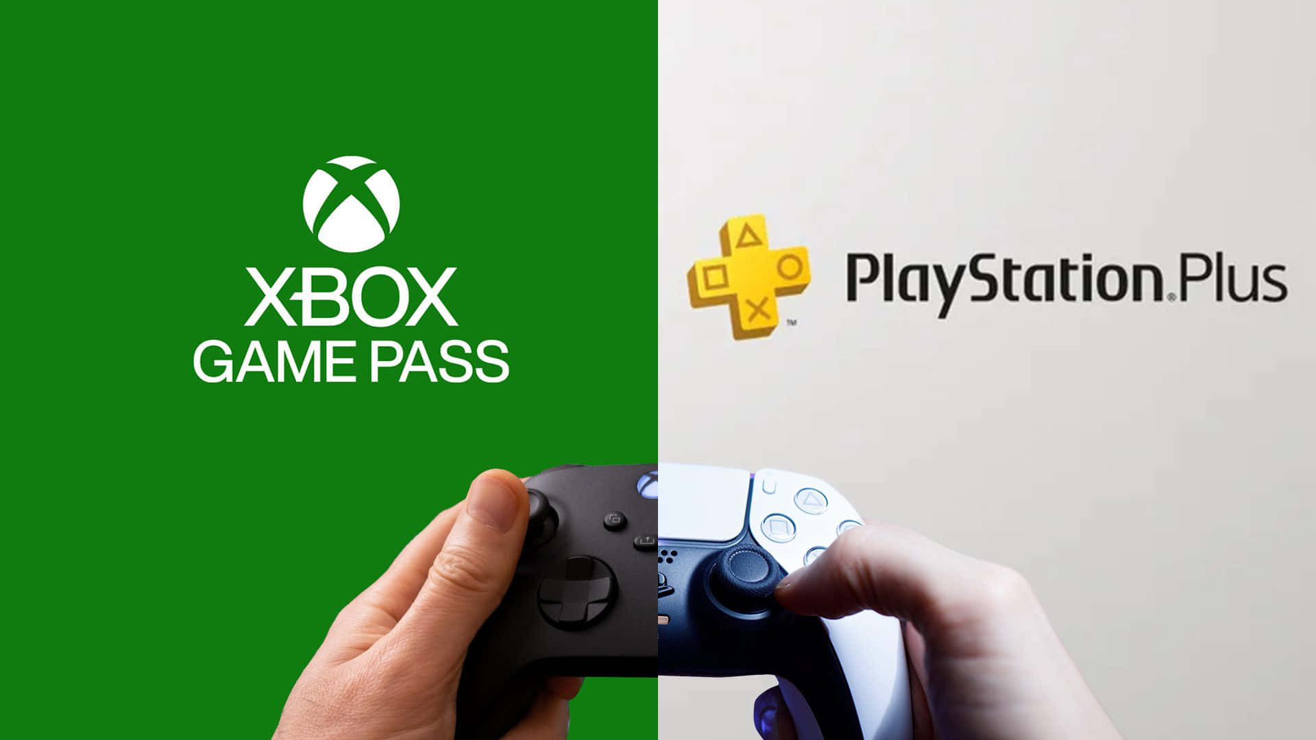 Xbox 桌布 壁紙 — 雙手在分開的綠色和米色背景前拿著 Xbox 和 PlayStation 控制器，並帶有各自的服務標誌。
