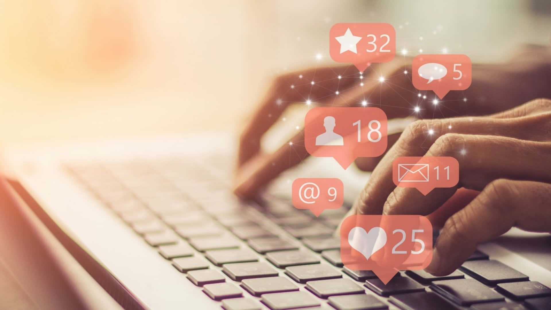 Social Media Icons 桌布 壁紙 — 雙手在鍵盤上打字，上方漂浮著發光的社交媒體互動圖示。