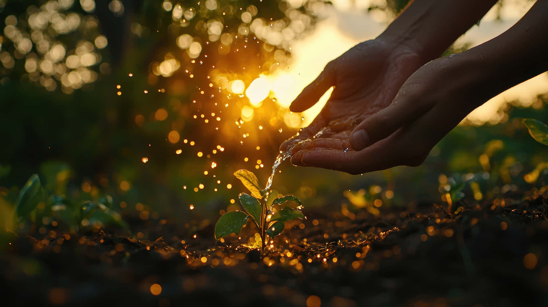 Hands nurturing a young plant with water in warm golden sunlight 壁紙 — 雙手在黃金時刻輕輕地將水澆在幼小的植物上，伴隨著閃閃發光的水滴和柔和的散景背景。