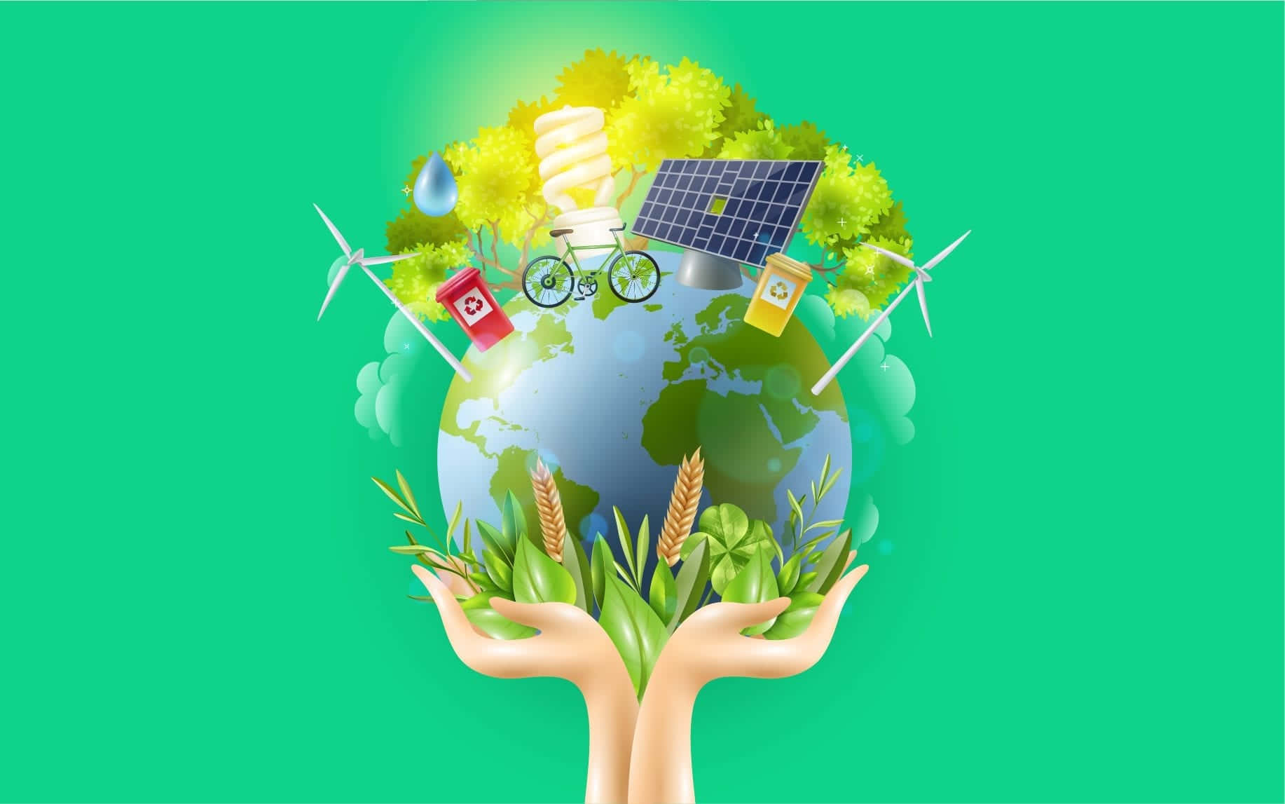 environment 桌布 壁紙 — 雙手捧著一個裝飾有風力渦輪機、太陽能板和麥穗的地球儀，象徵可持續的環保生活方式。