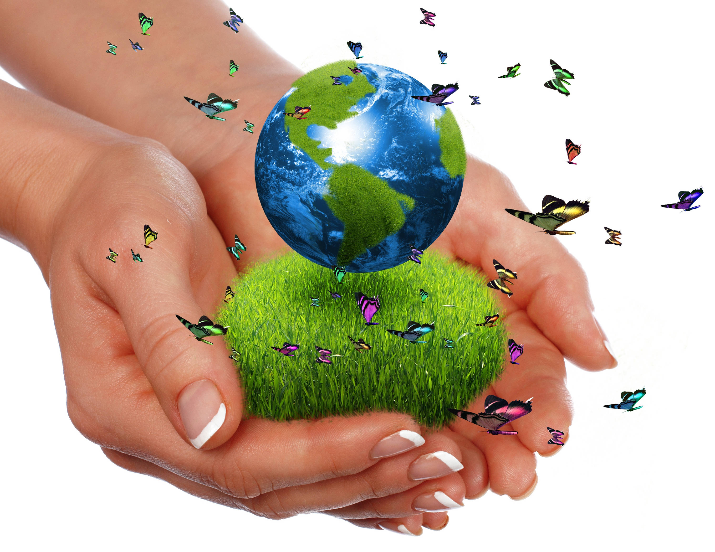 Earth Day 桌布 壁紙 — 雙手捧著地球儀，放在一片草地上，色彩繽紛的蝴蝶在周圍飛舞。