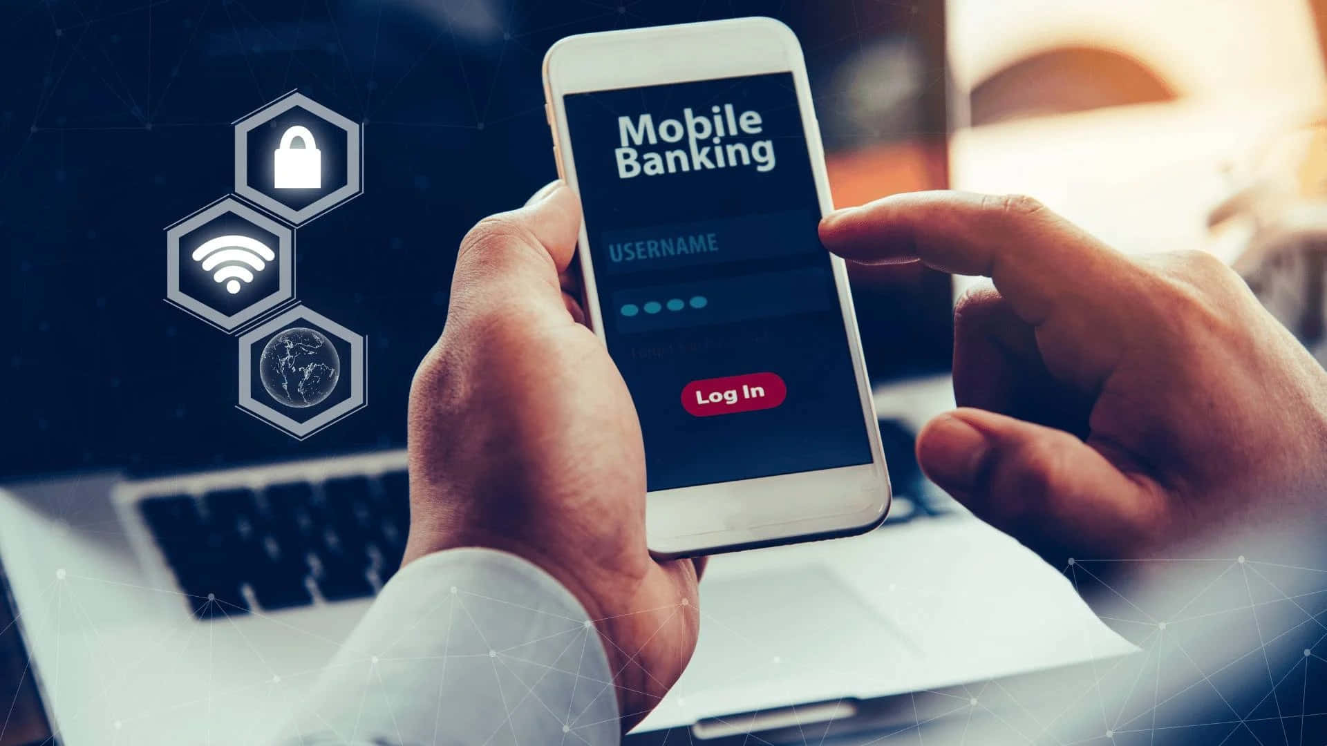 Mobile Banking 桌布 壁紙 — 雙手握住智慧型手機，顯示行動銀行登入畫面，附近有安全圖示漂浮。