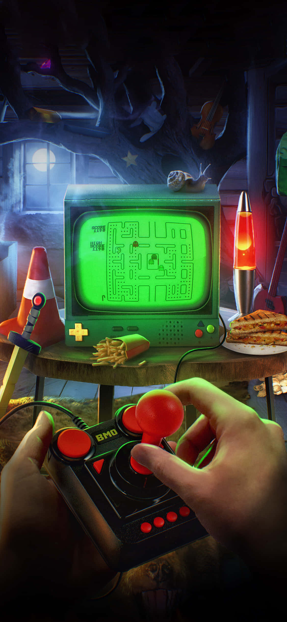 Retro Phone 桌布 壁紙 — 雙手握著紅色操縱桿，在復古電視上玩綠色迷宮遊戲，房間雜亂昏暗，有零食和熔岩燈。