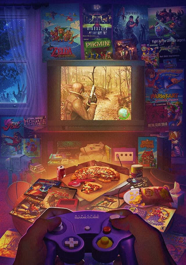 nostalgic 桌布 壁紙 — 雙手握著紫色GameCube控制器，電視顯示遊戲場景，周圍有海報和披薩在凌亂的桌子上。