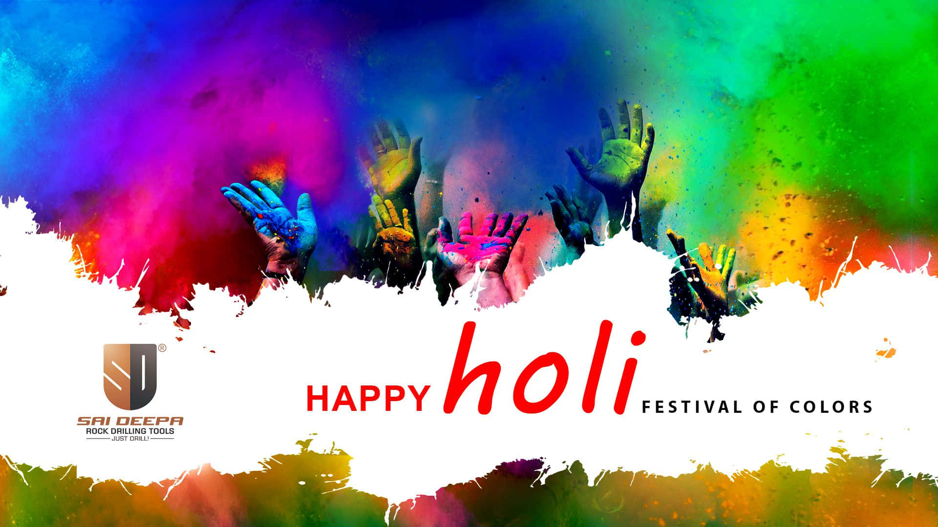 Holi 桌布 壁紙 — 雙手沾滿鮮豔粉末，從白色飛濺中迸發，背景為彩虹漸變，慶祝侯麗節。