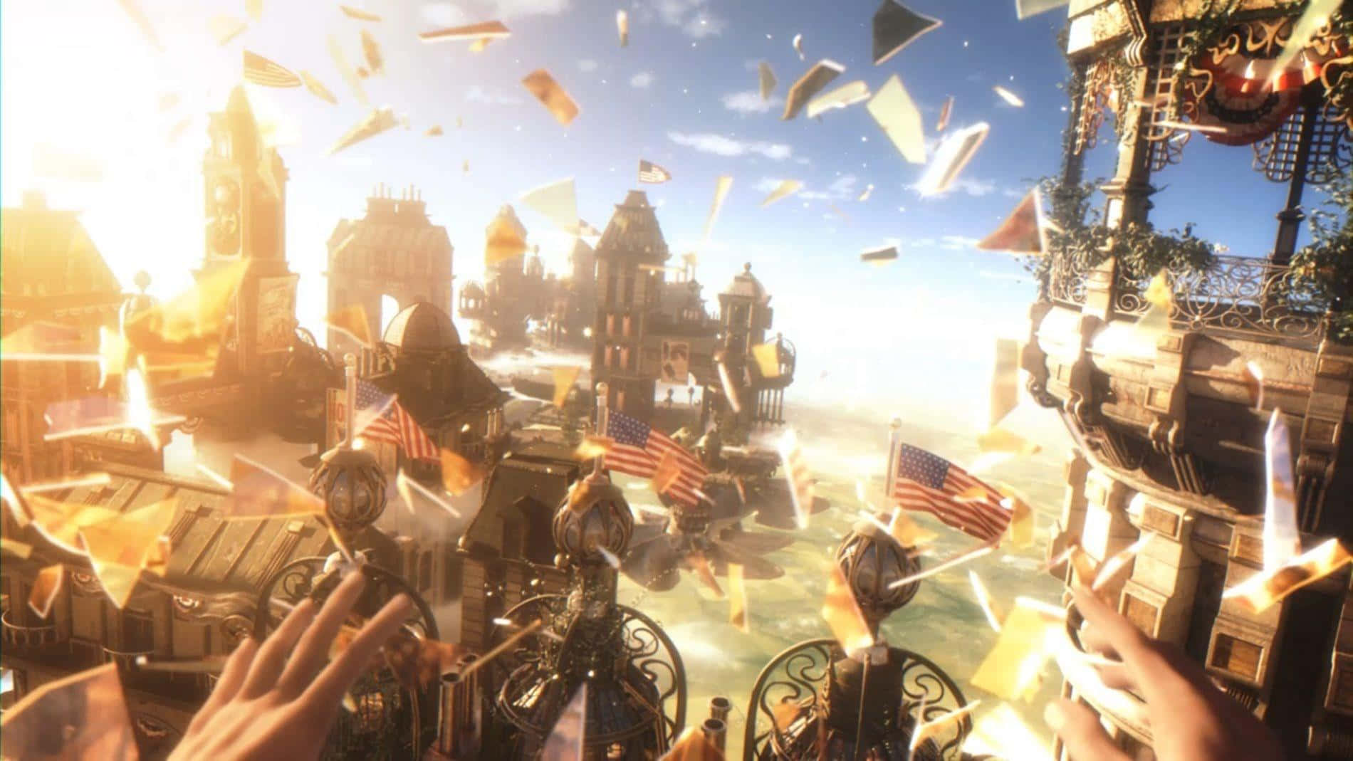 Best Bioshock Infinite 桌布 壁紙 — 雙手粉碎玻璃碎片，散落在一個陽光普照、漂浮的城市景觀上，該景觀裝飾著美國國旗和華麗的建築。
