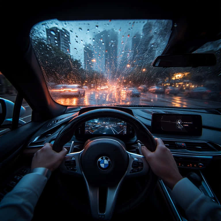 rich man driving luxury car 壁紙 — 雙手緊握寶馬方向盤，雨滴在擋風玻璃上劃出線條，顯露出模糊的城市燈光和高樓大廈的夜景。