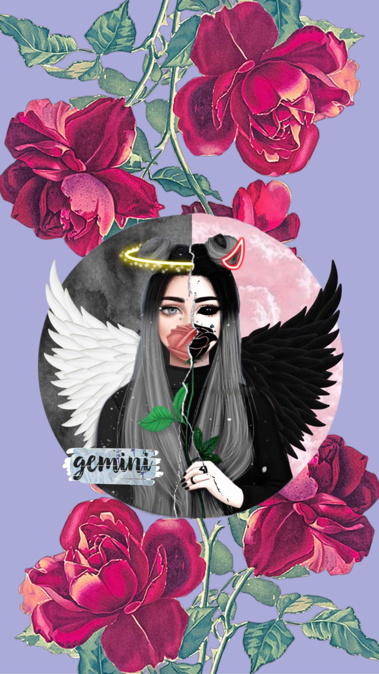 gemini 桌布 壁紙 — 雙翼天使惡魔手持玫瑰，背景為月亮，周圍環繞著深紅玫瑰。