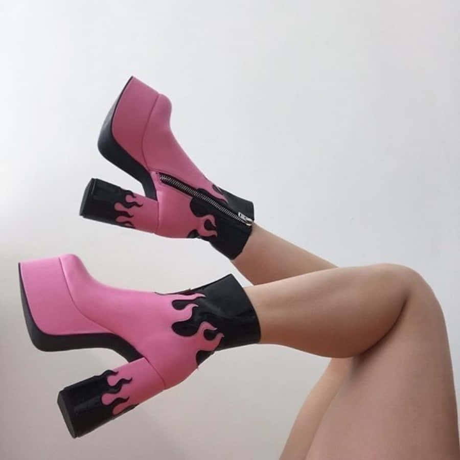 Pink Shoes 桌布 壁紙 — 雙腿穿著帶黑色火焰圖案和拉鍊的醒目粉紅色厚底靴，背景為純白色。