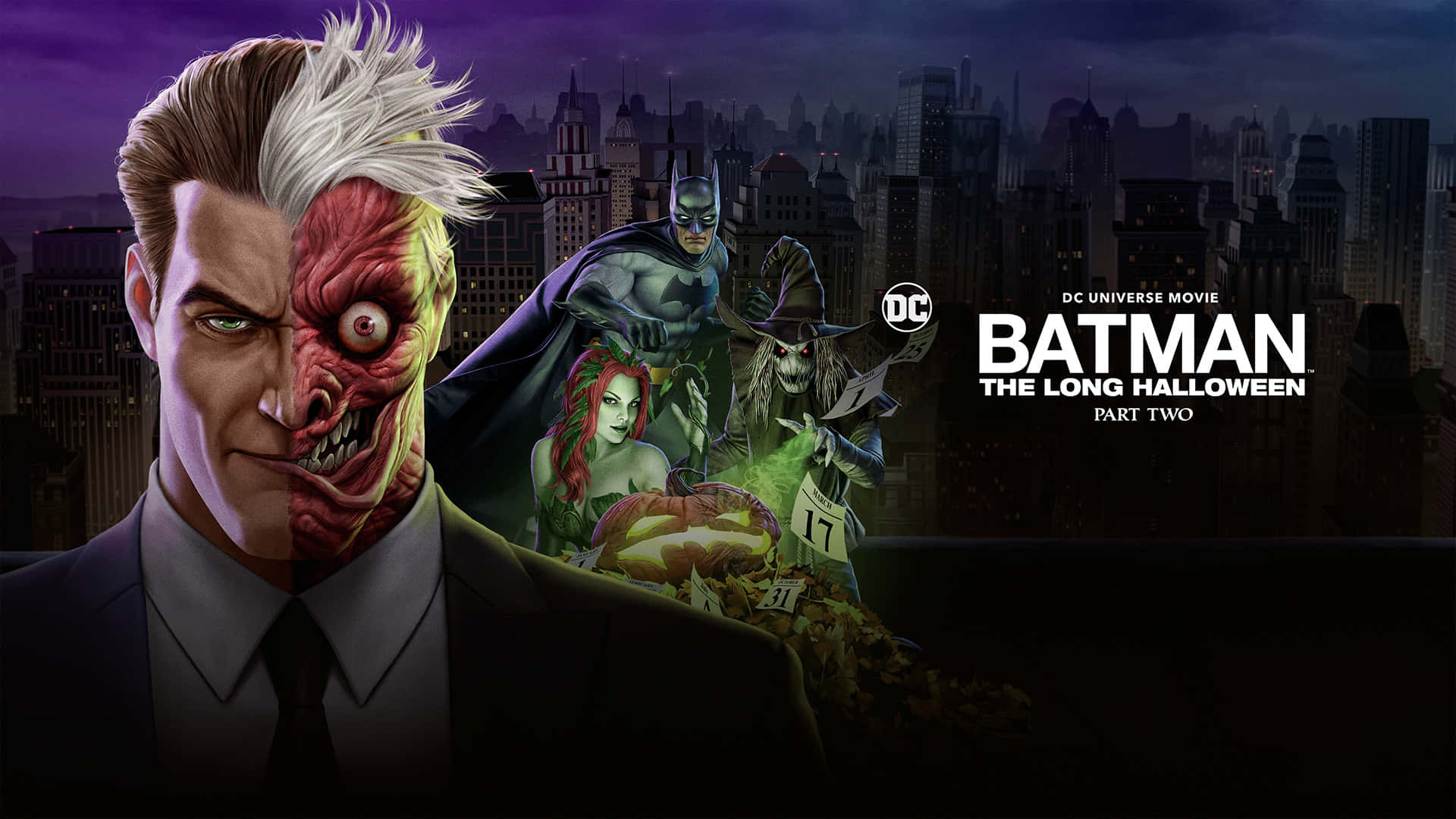 Batman The Long Halloween 桌布 壁紙 — 雙面反派雙面人主宰著黑暗的高譚市天際線，蝙蝠俠和其他DC反派在他身後若隱若現。