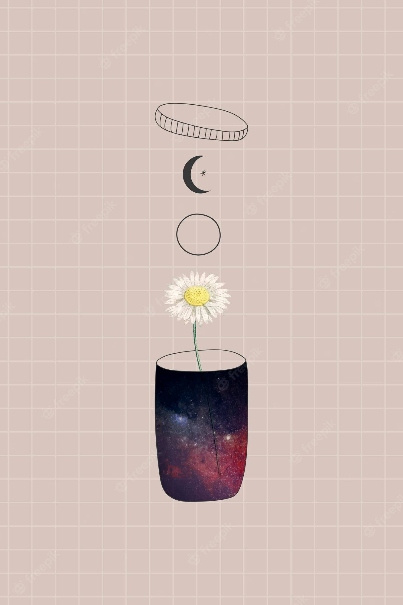 Dark Purple Collage Aesthetic 桌布 壁紙 — 雛菊從宇宙花瓶綻放，背景為網格，帶有漂浮的月相和蓋子。