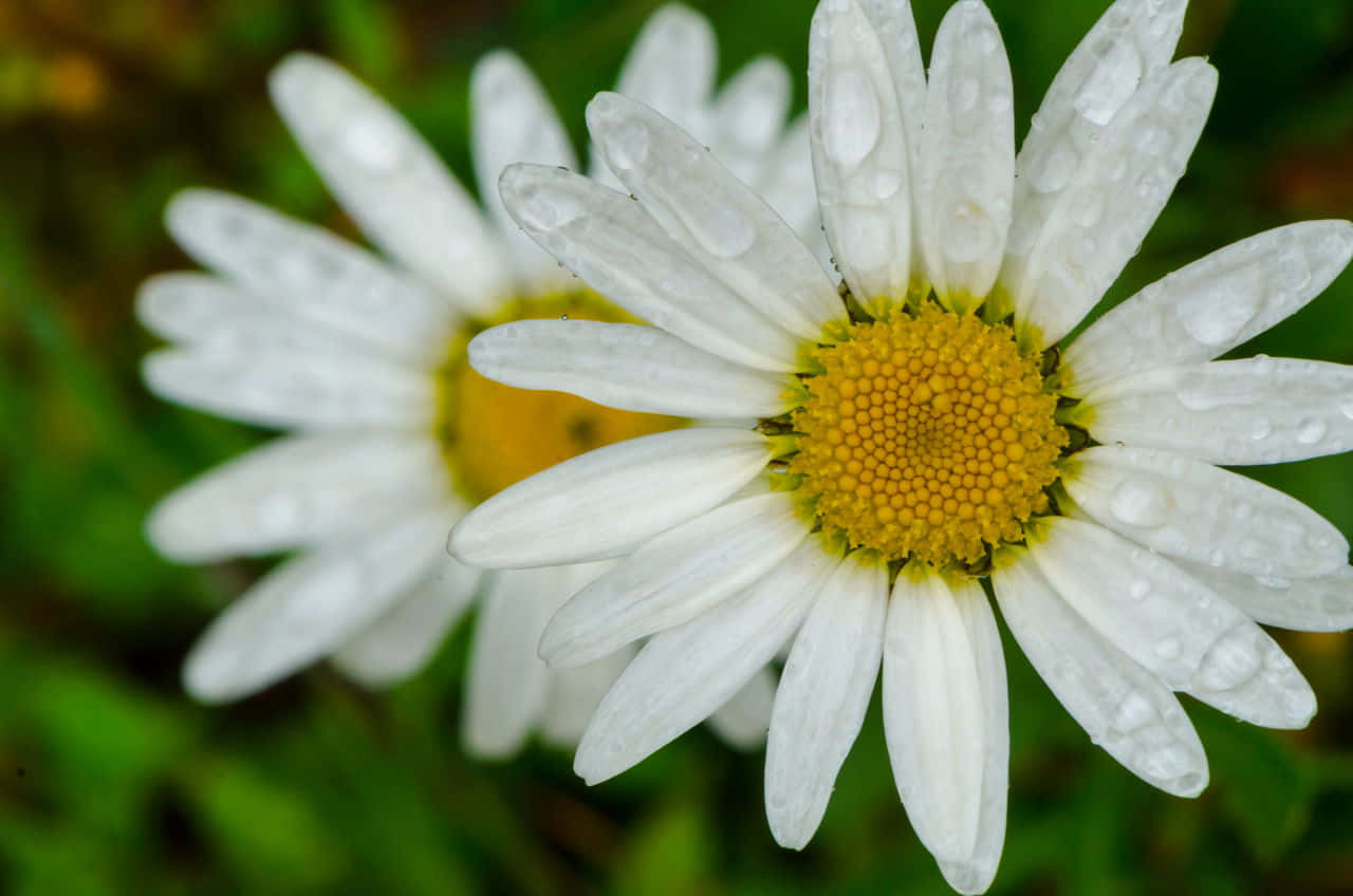 雛菊 桌布 壁紙 — 雛菊特寫，白色花瓣上閃爍著露珠，背景是柔和的綠色。