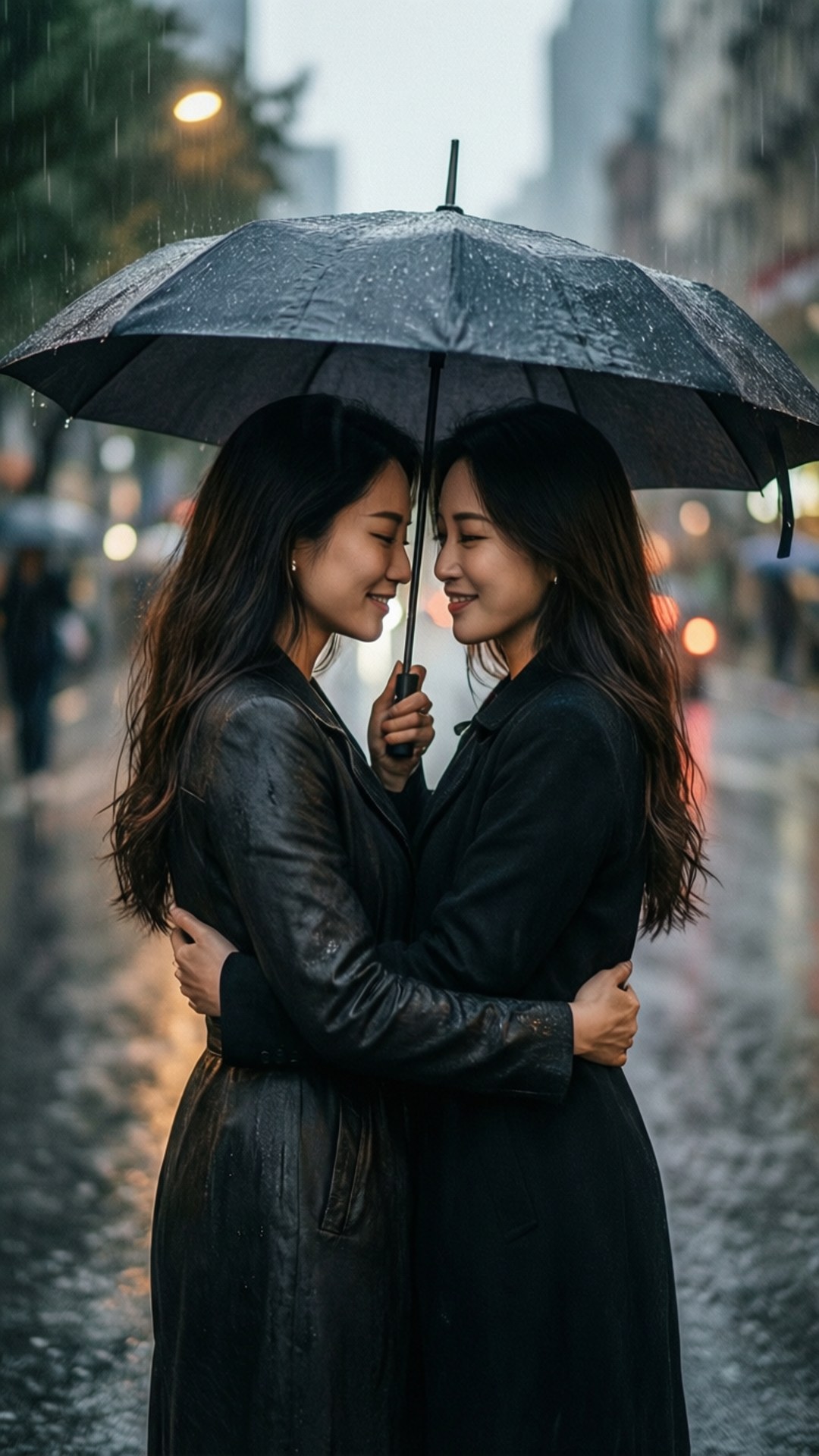 雨中傘下的擁抱 壁紙 — 黃昏時分，雨落在濕漉漉的城市街道上，兩個女人在一把黑色雨傘下擁抱。