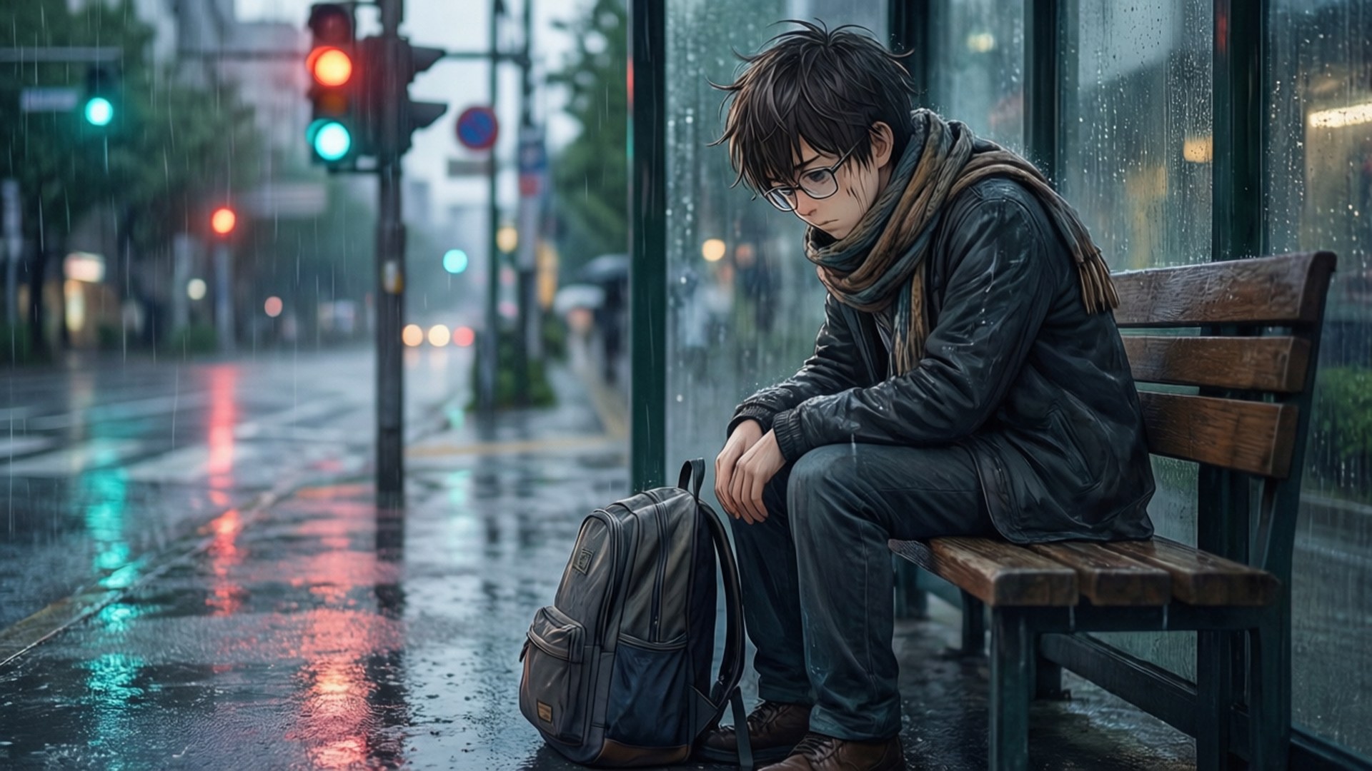雨中公車站 壁紙