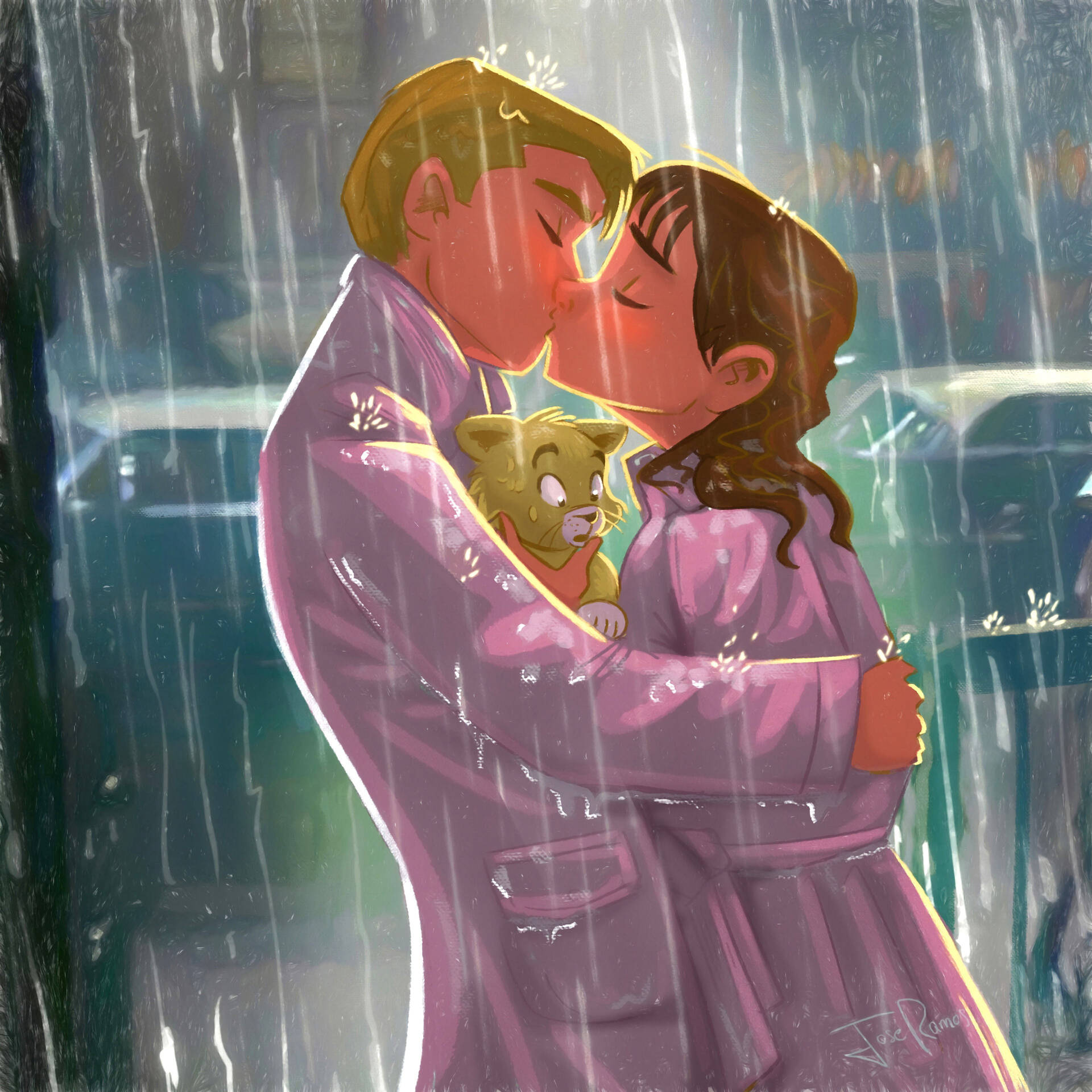 雨中卡通情侶