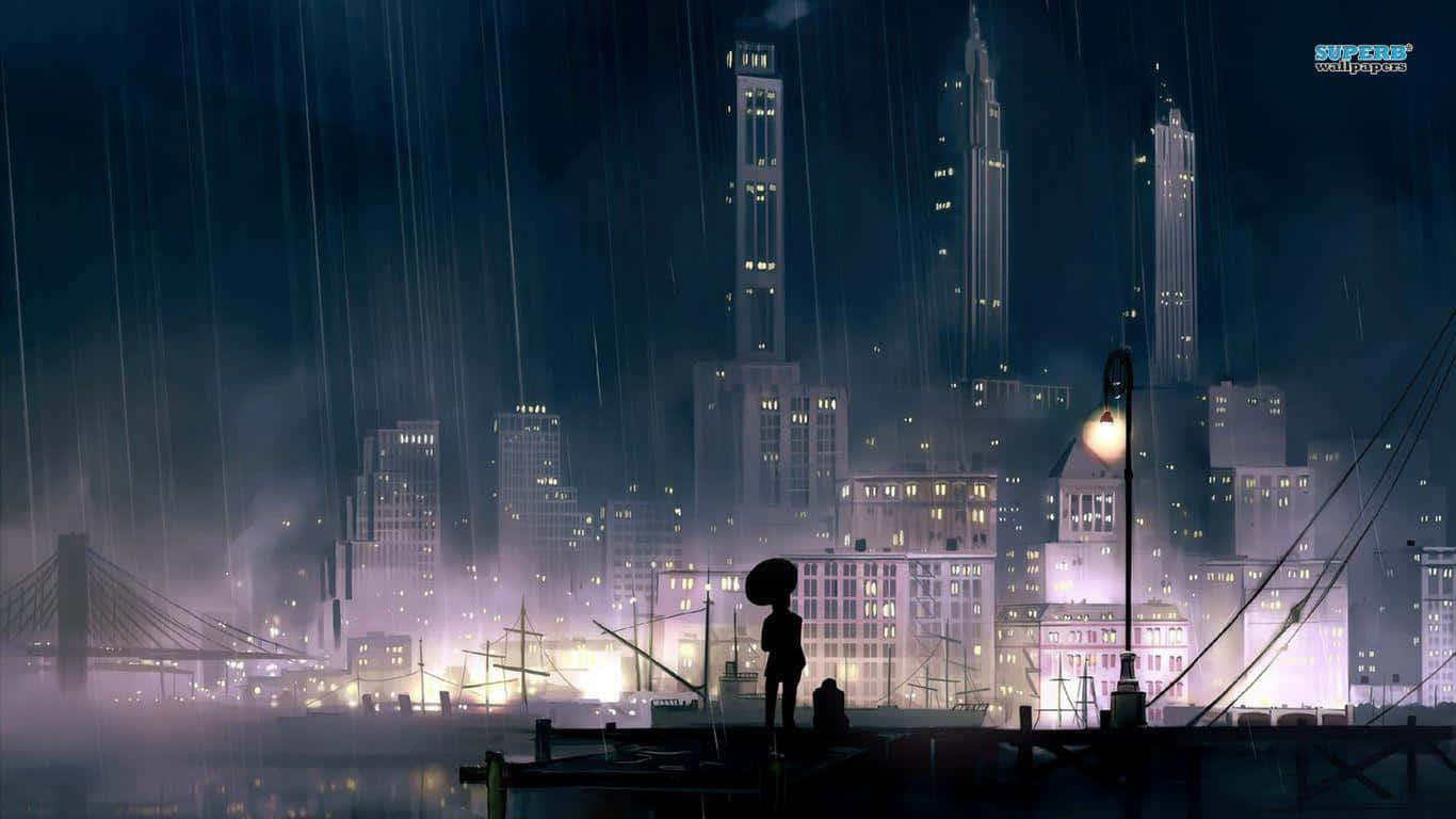 雨中城市，一人立於水中 壁紙