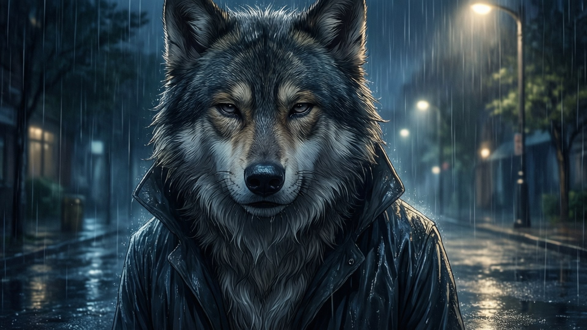 雨中孤狼 壁紙 — 一隻穿著被雨水浸透的皮夾克的狼，在夜晚濕漉漉的城市街道上，莊嚴地站在街燈下。