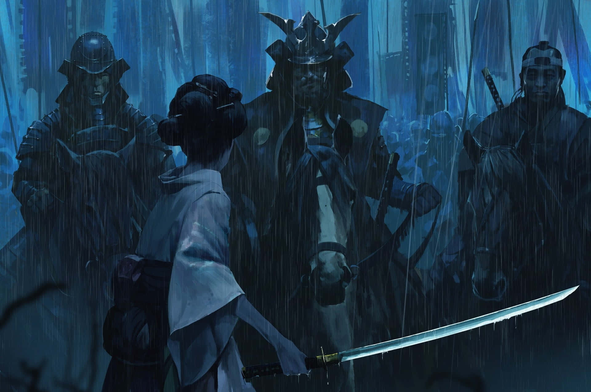 武士動畫 桌布 壁紙 — 雨中孤獨的女武士手持武士刀，暗藍色暴風雨森林中裝甲戰士隱現。