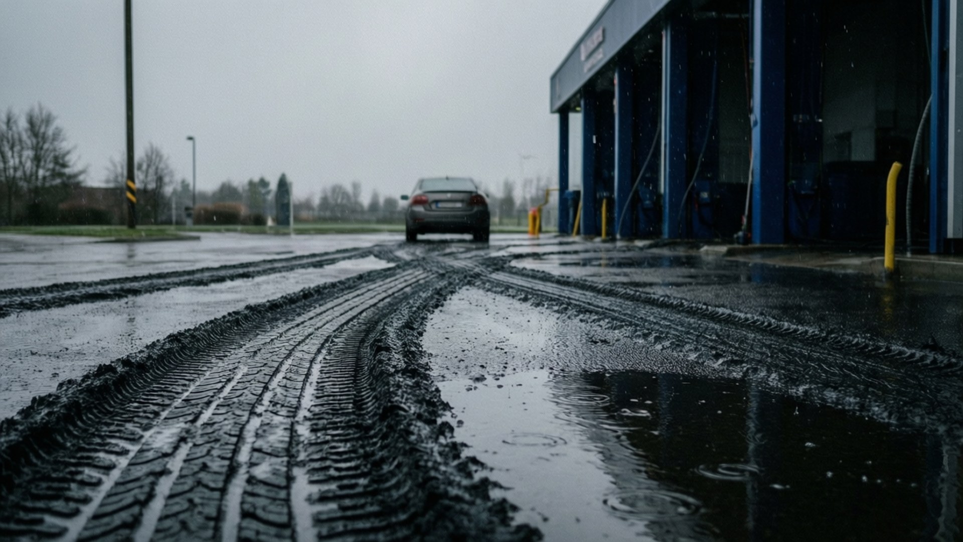 雨中洗車場的車輛駛近 壁紙