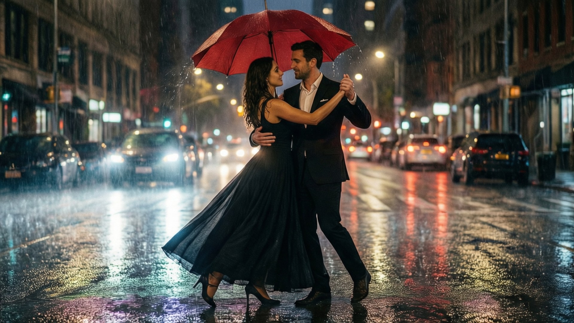 雨中漫舞 壁紙 — 一對情侶在雨夜的都市街道上，於紅色雨傘下跳舞，濕漉漉的人行道反射著街燈。